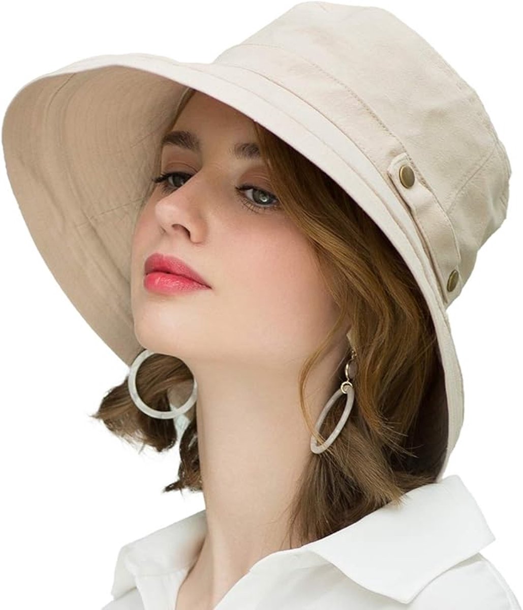 Women's Sun Hat - Katoen Wide Brim - UPF 50+ UV Protection - Foldable Beach Hat - Summer Bucket Hat - Travel Button Closure - Beige - One Size — image 3