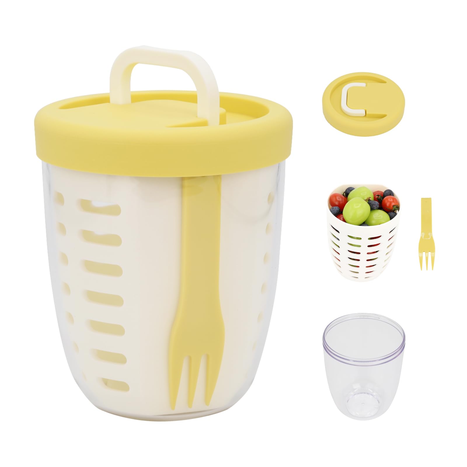 Portable Salad and Yogurt Cup with Fork and Colander Insert for Fruit, Snacks, School Lunches, Picnics and Travel, Yellow