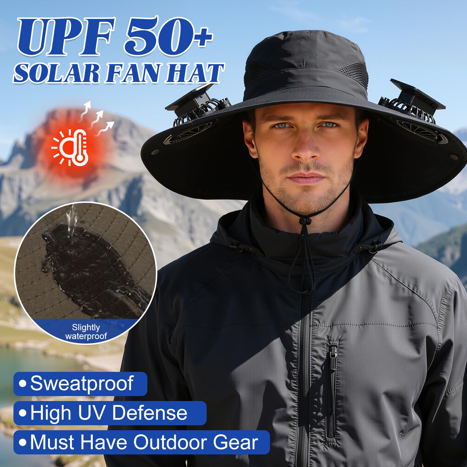 Solar-Powered Dual-Fan Sun Hat – UPF 50+ Wide-Brim Outdoor Hat with 2 USB/Solar Rechargeable Fans, Adjustable Strap, Breathable Mesh, for Fishing, Hiking — image 3