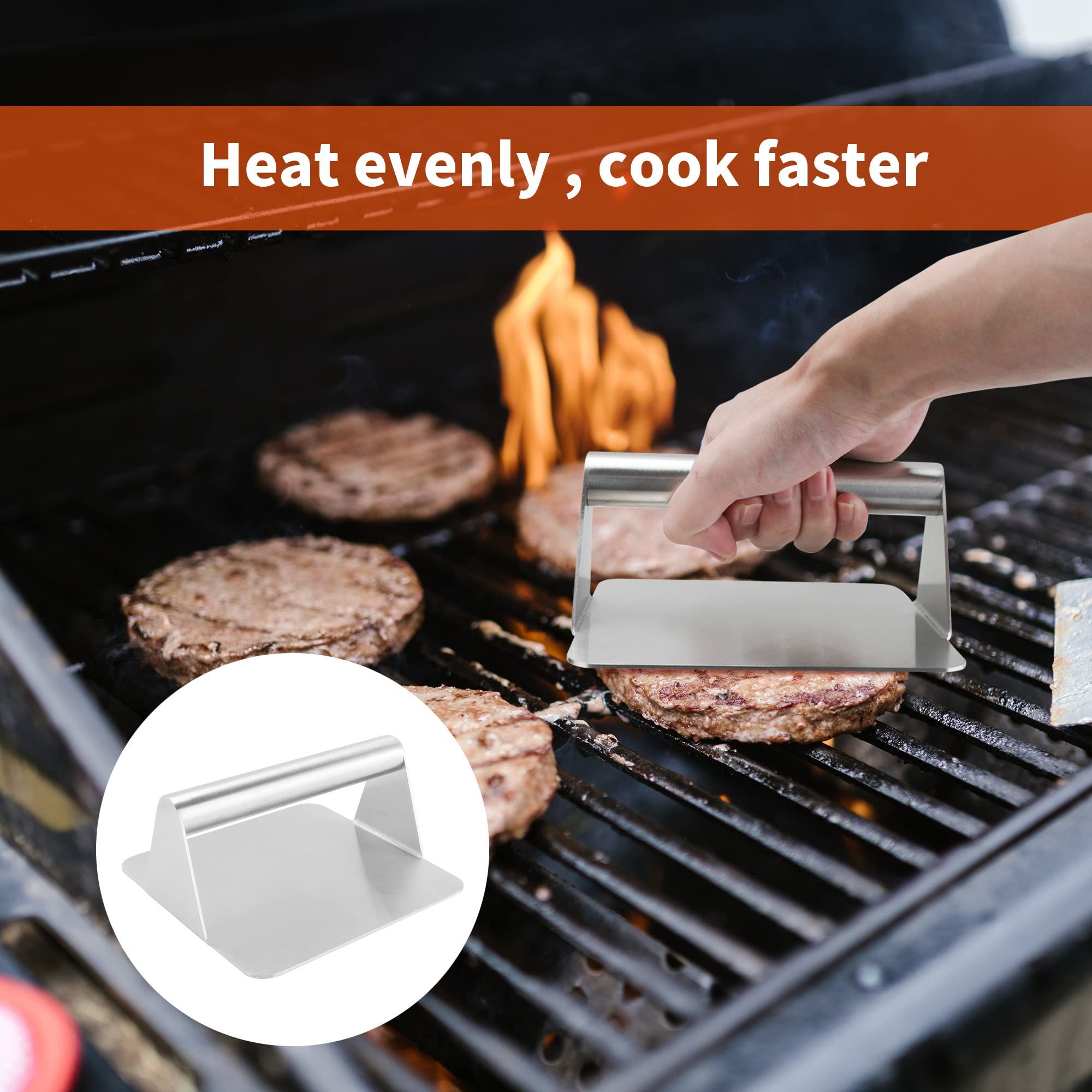 Burger Smasher for Griddle, Heavy Duty Smooth Stainless Steel Hamburger Presser for Grill, Ham & Grilled Sandwich-6.3"x6.3" — image 4
