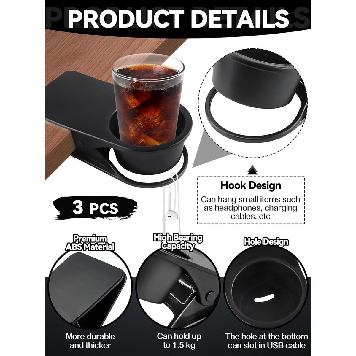 3PCS Drinking Cup Holder Clip, Chair Desk Bottle Cup Stand DIY Glass Clamp Storage Saucer Clip for Potted Plant Beverage Soda Coffee Mug Holder Clip for Home & — image 2