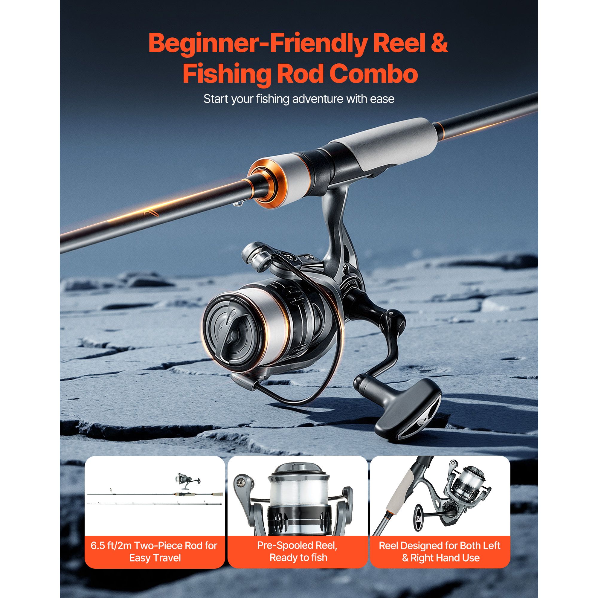 Rod and Fishing Reel Combo, IM6 Fiberglass & Carbon Fiber Spinning Rod and Reel Combo, Bass Fishing Pole with 2m Two-Piece Rods, 6+1 Ball Bearings, Stainless — image 2