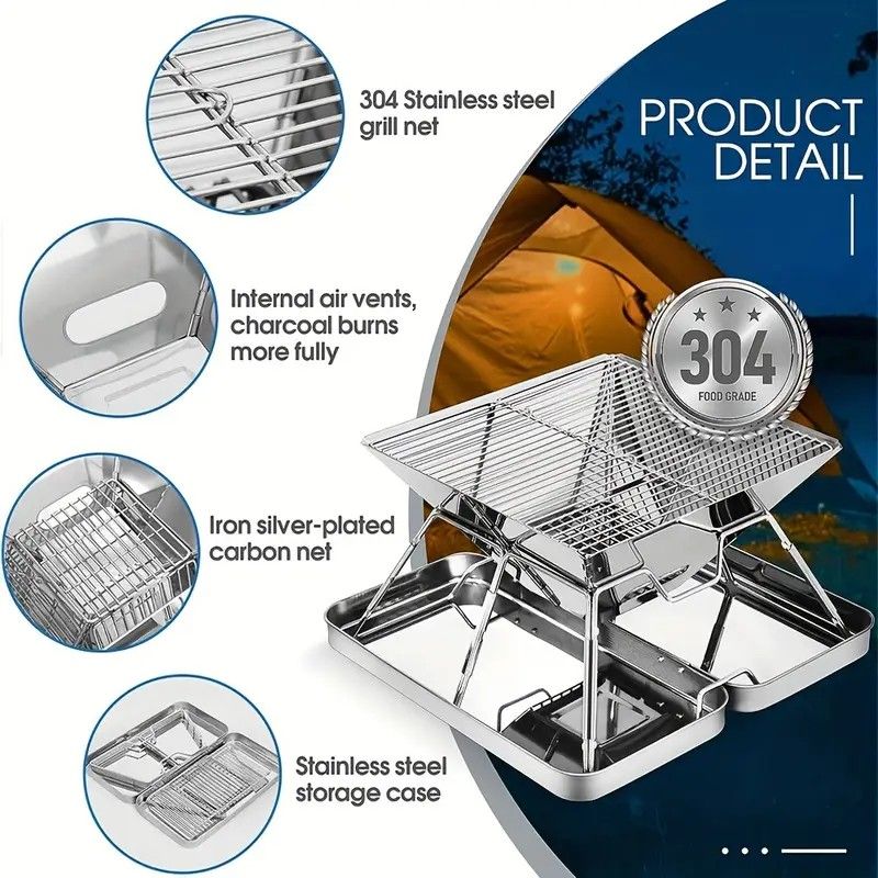 304 Stainless Steel Portable Folding BBQ Grill with Storage Tray for Outdoor Camping Picnics Beach and Backyard โ image 2