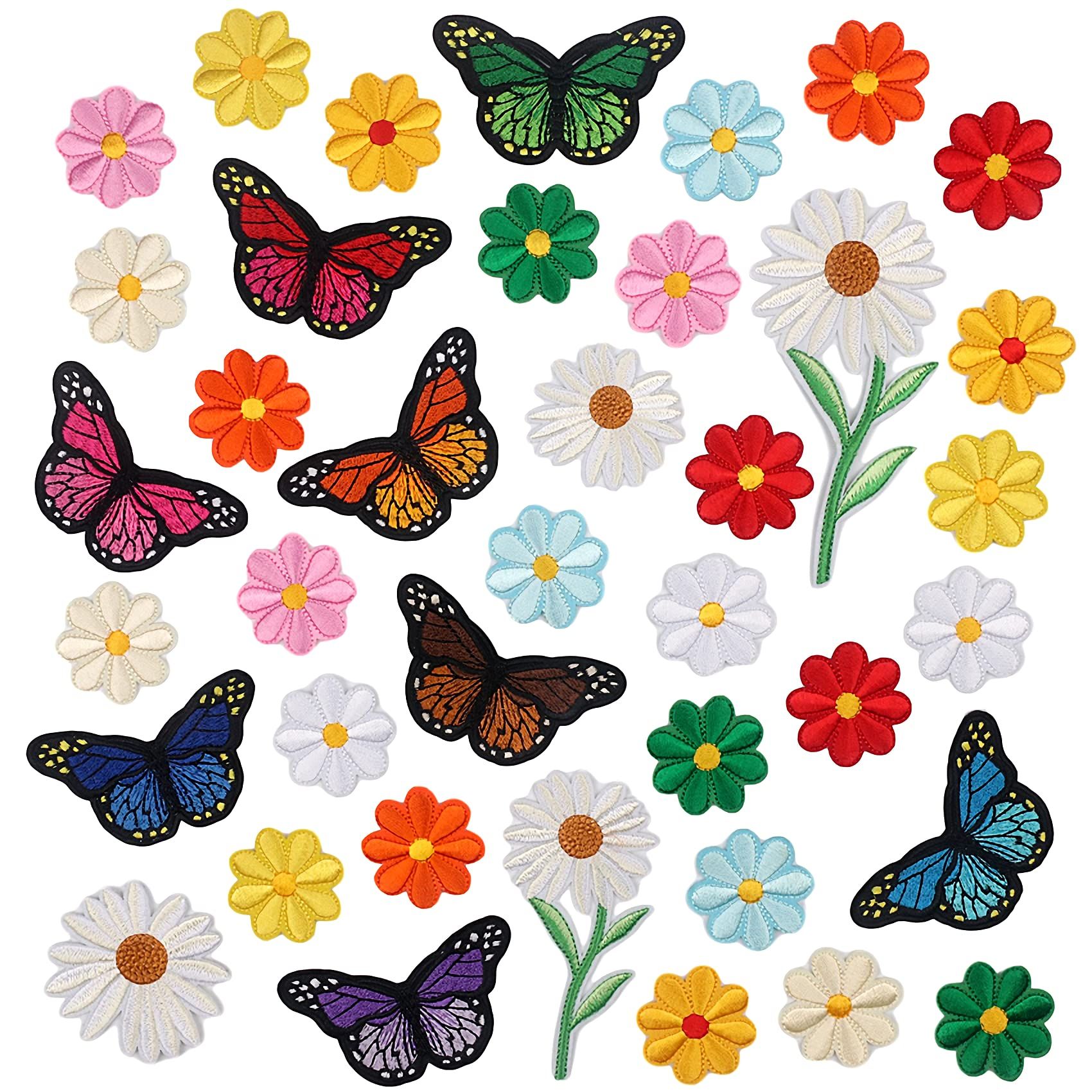 39PCS Flowers Embroidered Iron on Patches Butterfly Daisy Applique Decoration Sewing Patches for Cloting Bags Caps Jackets Hat Jean