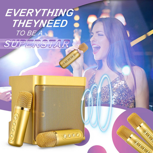 Gold Karaoke Machine with 2 Wireless Microphones Bluetooth-Compatible 5.0 for Parties