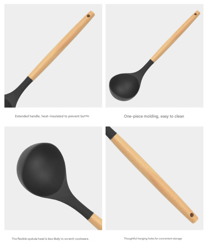 12-Piece Black Heat-Resistant Silicone Cooking Utensils with Wooden Handles and Box - Non-Stick Scratch-Free Kitchen Tool Kit — image 4