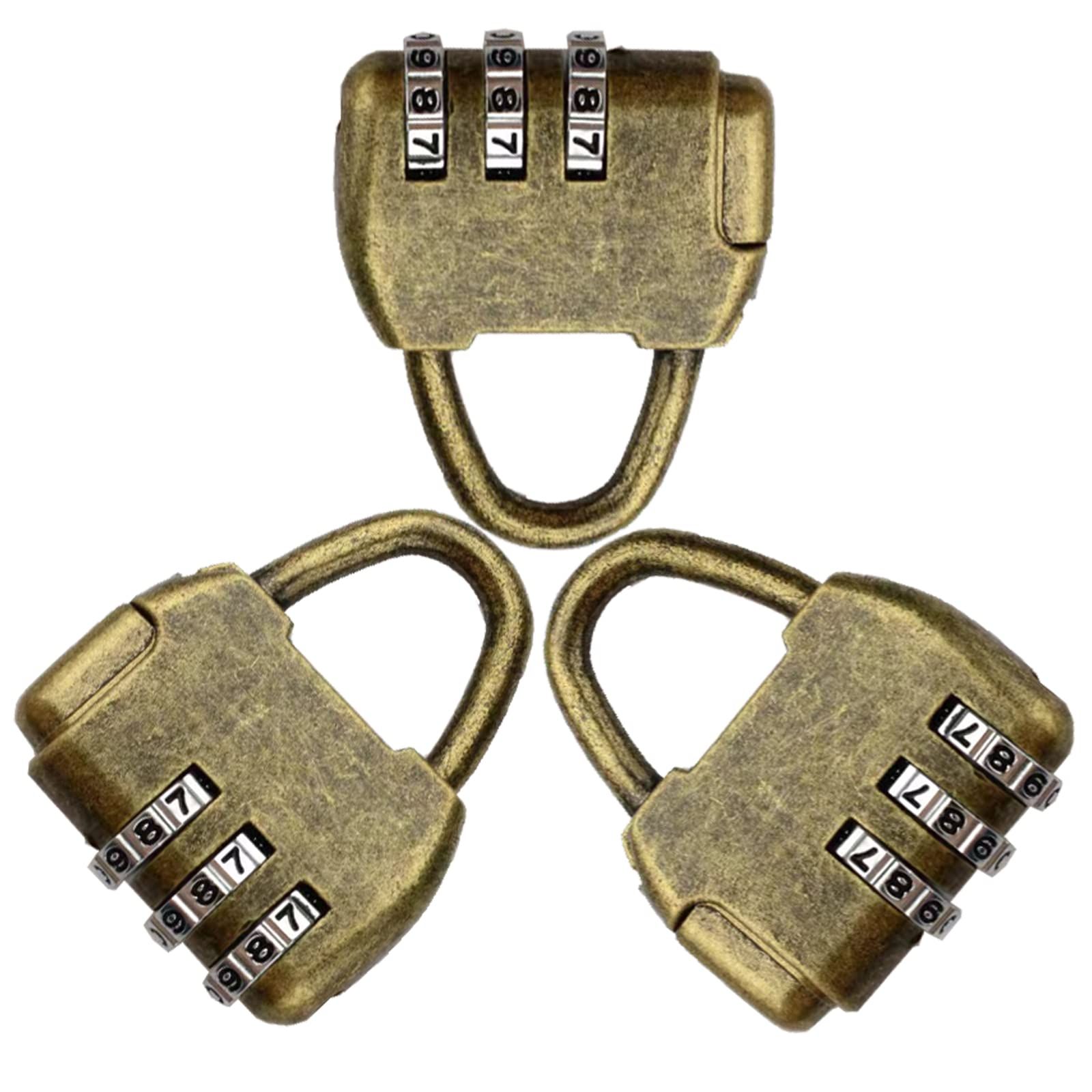 Vintage Antique Style 3 Digit Combination Lock Mini Bronze Password Padlock Small Metal Padlock Archaize Style Lock,Pack of 3