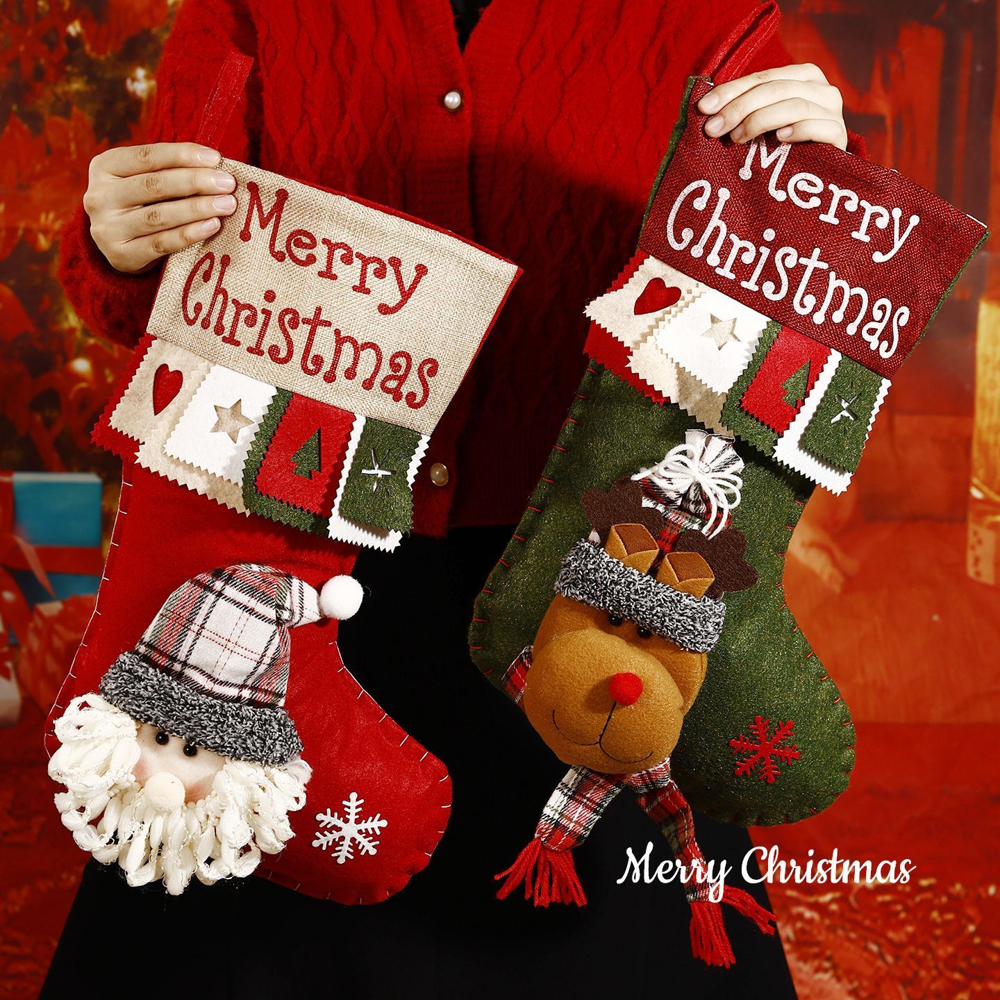 Fluffy plush fabric, 3D appliqués, full of festive charm. Height 45-47cm, holds candies and gifts, decorates Christmas trees and fireplaces, filling the room — image 6