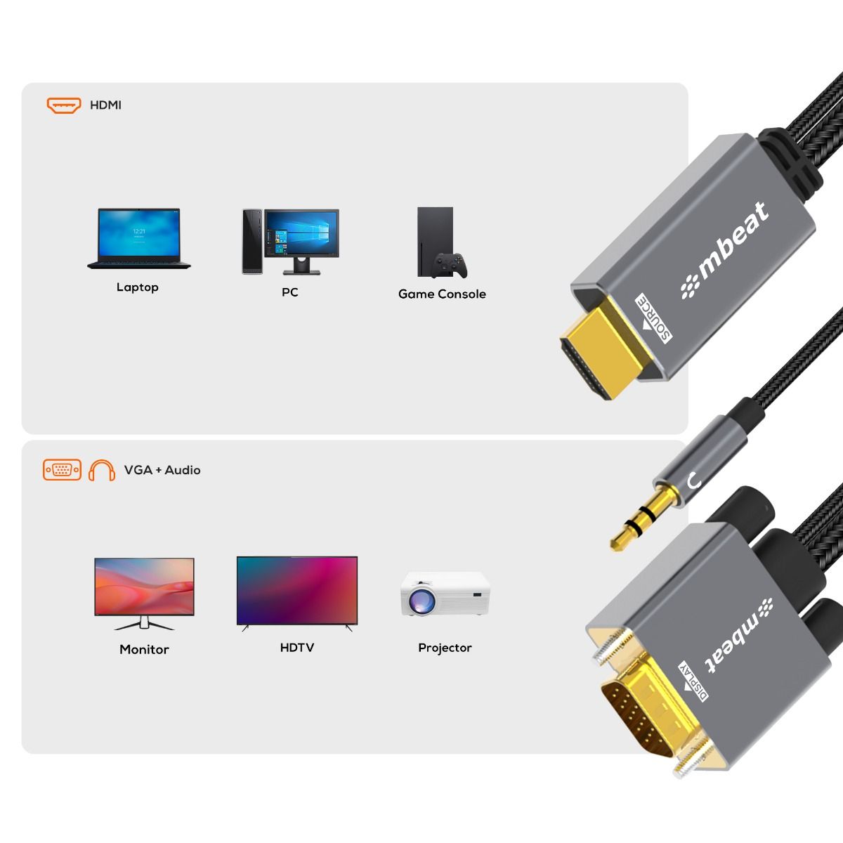 mbeat Tough Link 1.8m HDMI to VGA Cable with USB Power & 3.5mm Audio — image 3