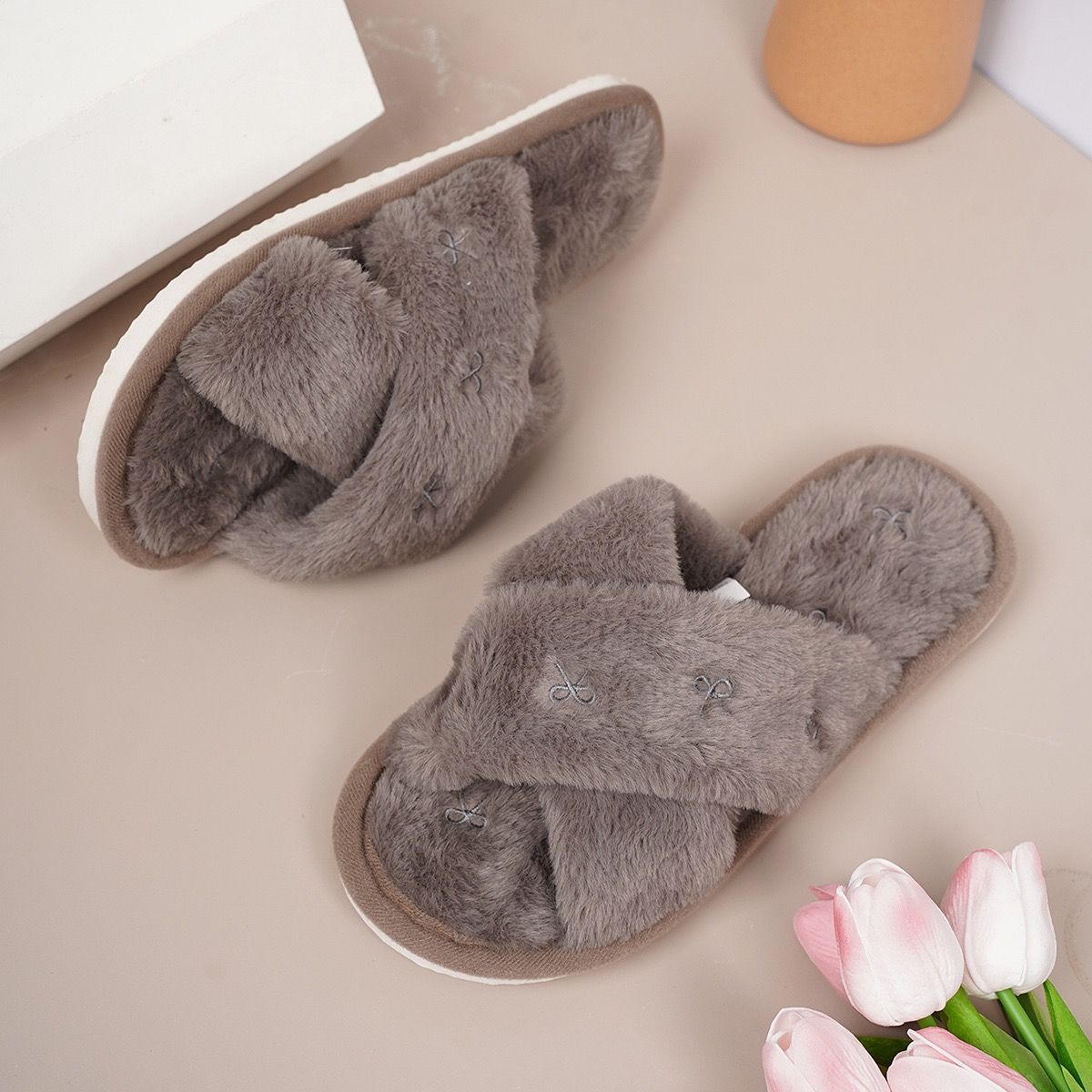 Cozy Cross-Band Plush Slippers with Embroidered Bow, Non-Slip Indoor & Outdoor Wear for Women, Soft Fleece Lining for Warmth and Comfort (L(40-41), Black) — image 6