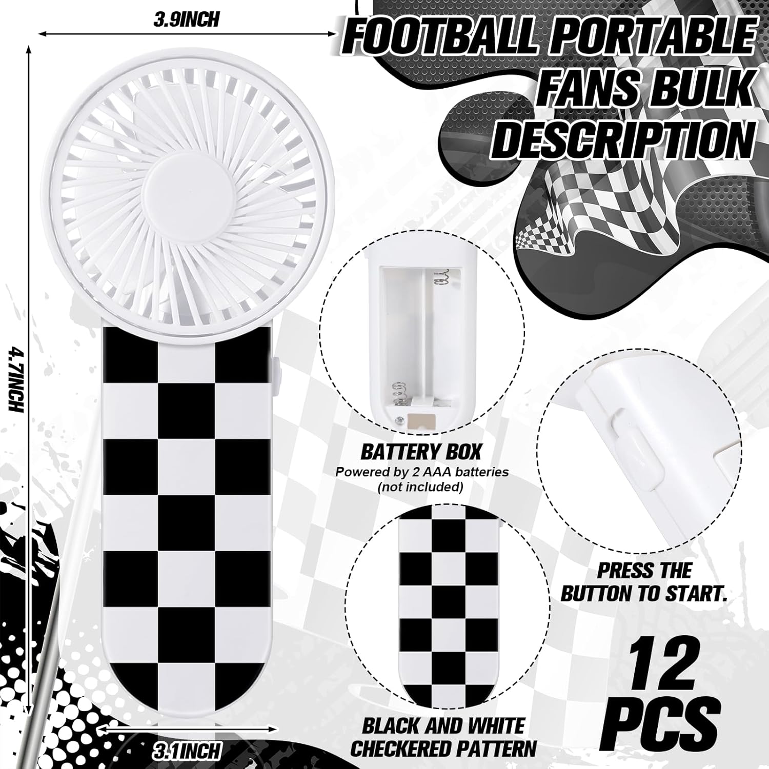 12 Pcs Race Car Party Favors Portable Fan Bulk Mini Handheld Personal Fans Checkered Black and White for Team Gift Travel Summer Outdoor Decorations — image 3