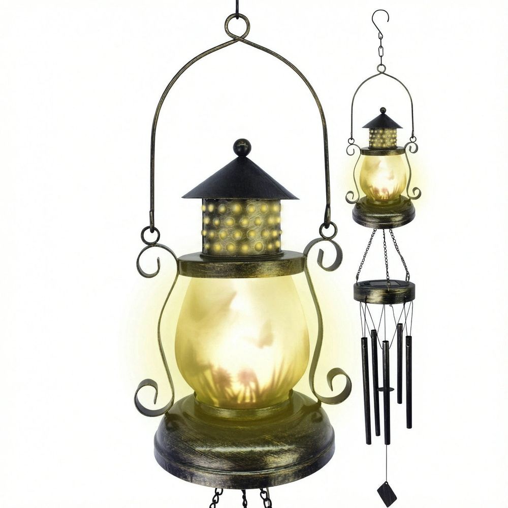 Solar Wind Chimes for Outdoor, Iron Hollow Wind Chimes Garden Decor Lantern Hanging Solar Landscape Lights Wind Bells