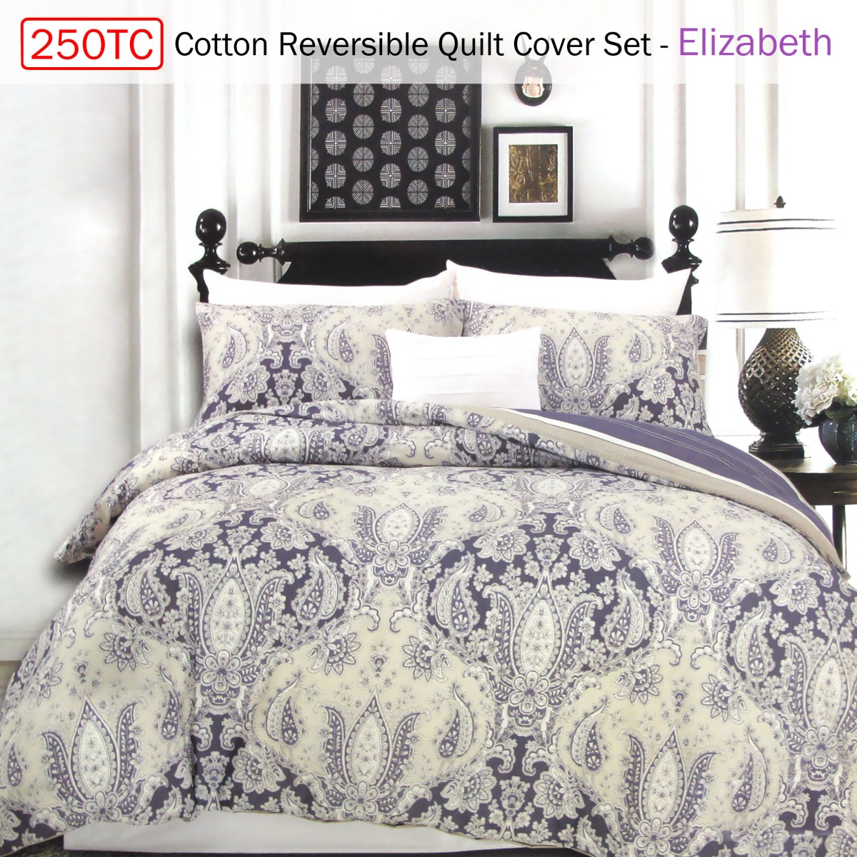 250TC Cotton Reversible Quilt Cover Set Elizabeth Queen — image 2