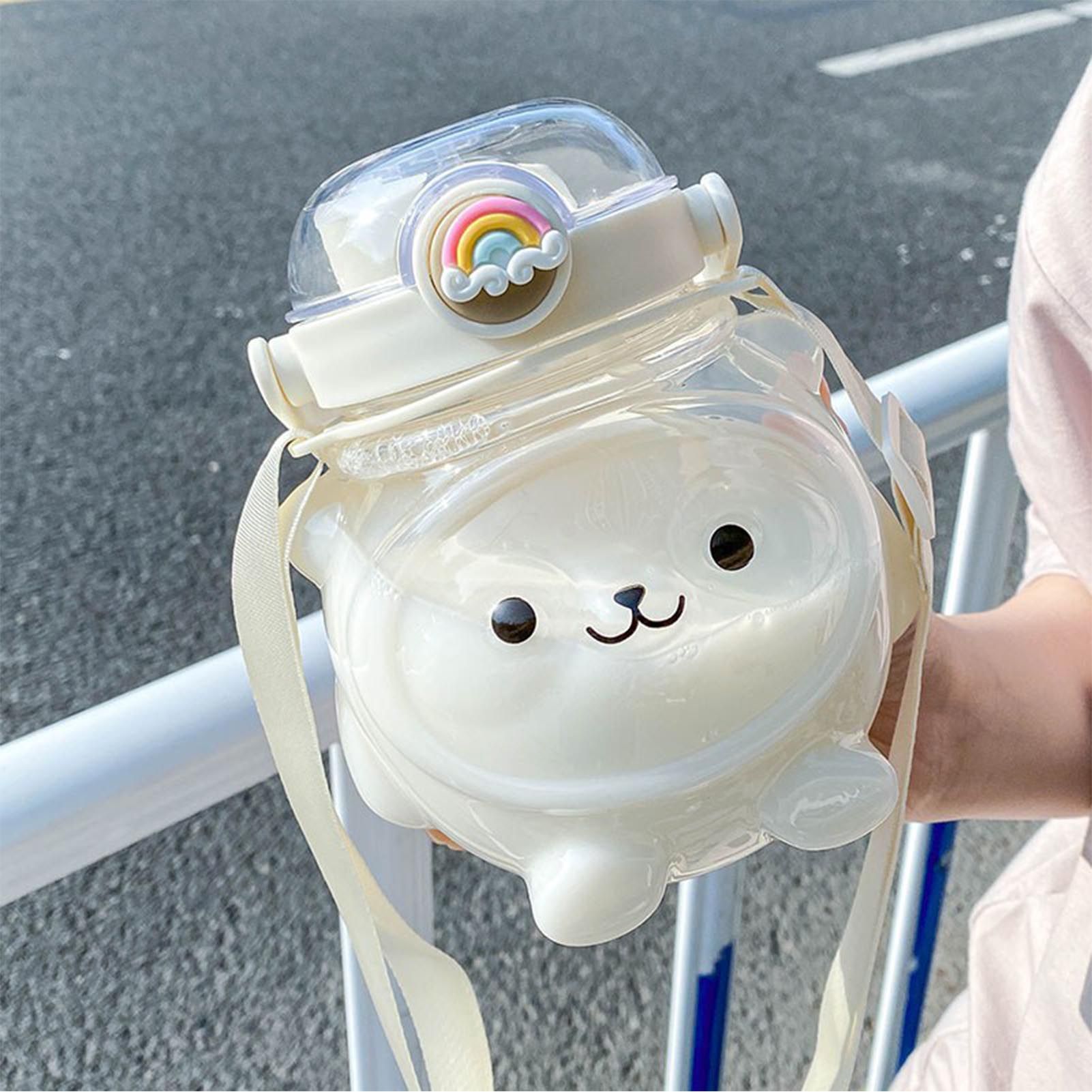Large Water Bottle 1000ml Cartoon Bear Shape Portable Drinking Bottle with Straw Strap for Summer White — image 5