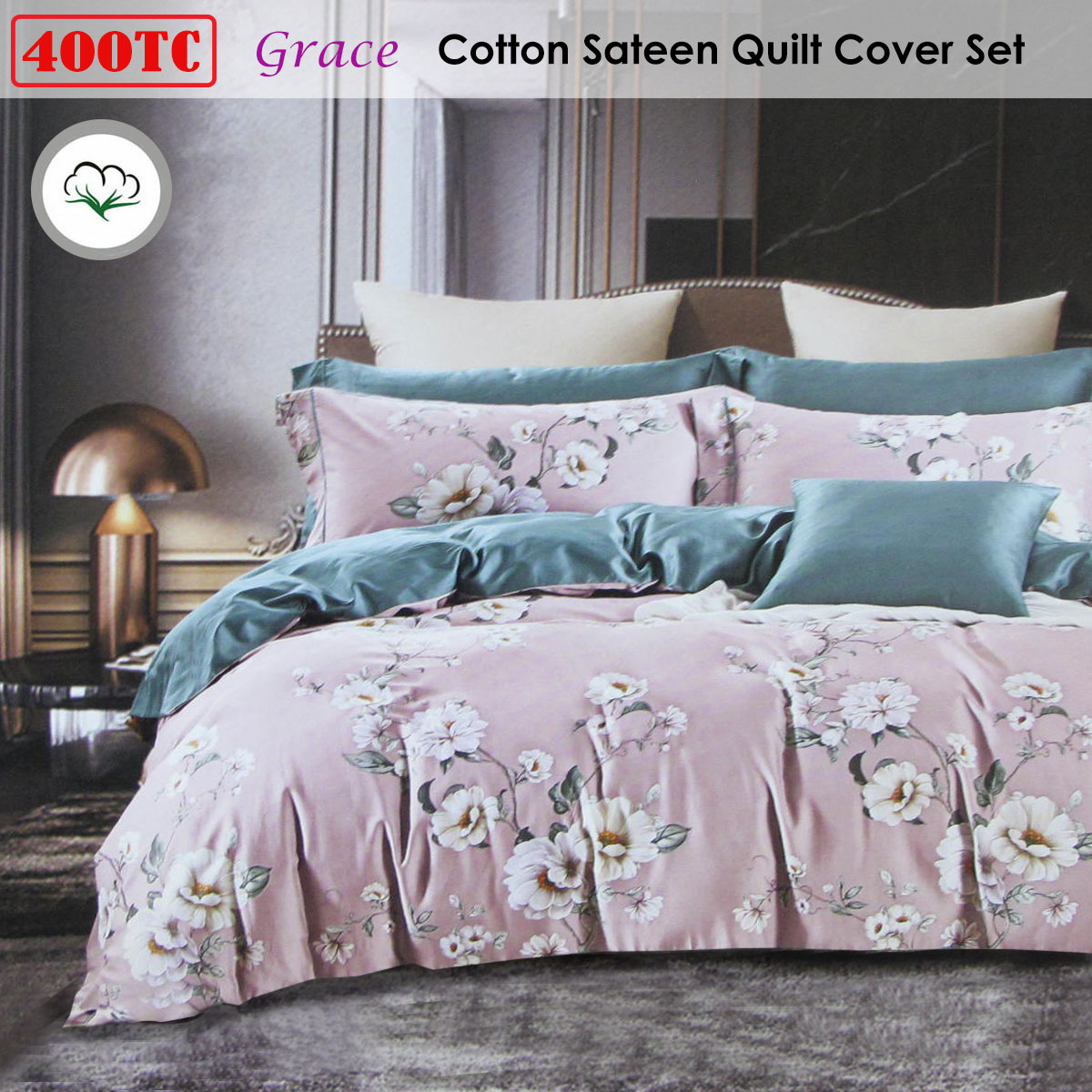 400TC Cotton Sateen Quilt Cover Set Grace Queen — image 2