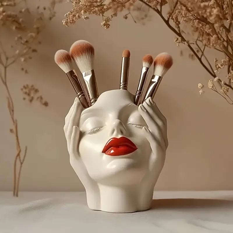 Gazing Muse — "Hands-on Beauty" Resin Brush Holder with Sculpted Bust Design.1 Piece Elegant Resin Makeup Brush Holder with Red Lips Design - Lightweight — image 2