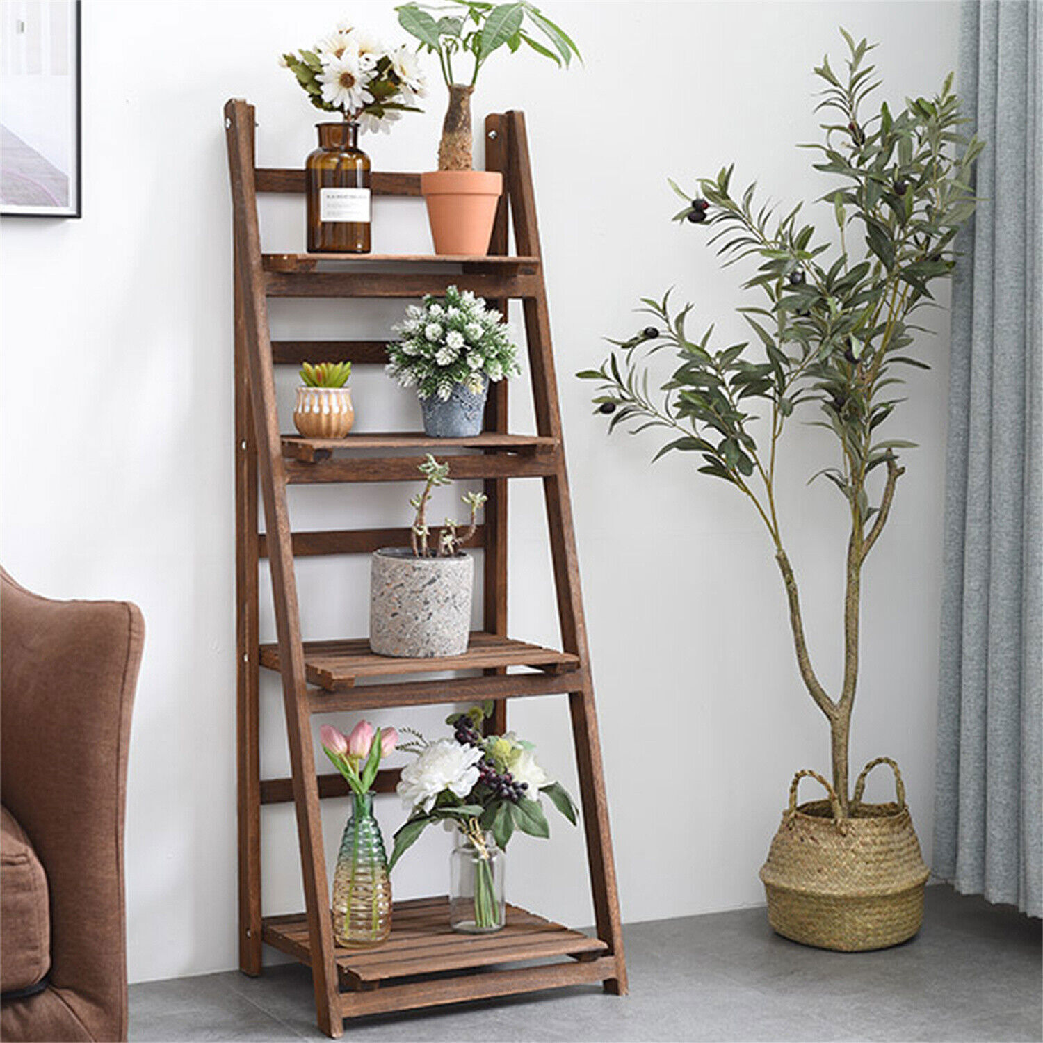 Retro 4 Tier Wooden Ladder Bookcase Folding Book Shelf Plant Stand Storage Rack โ image 4