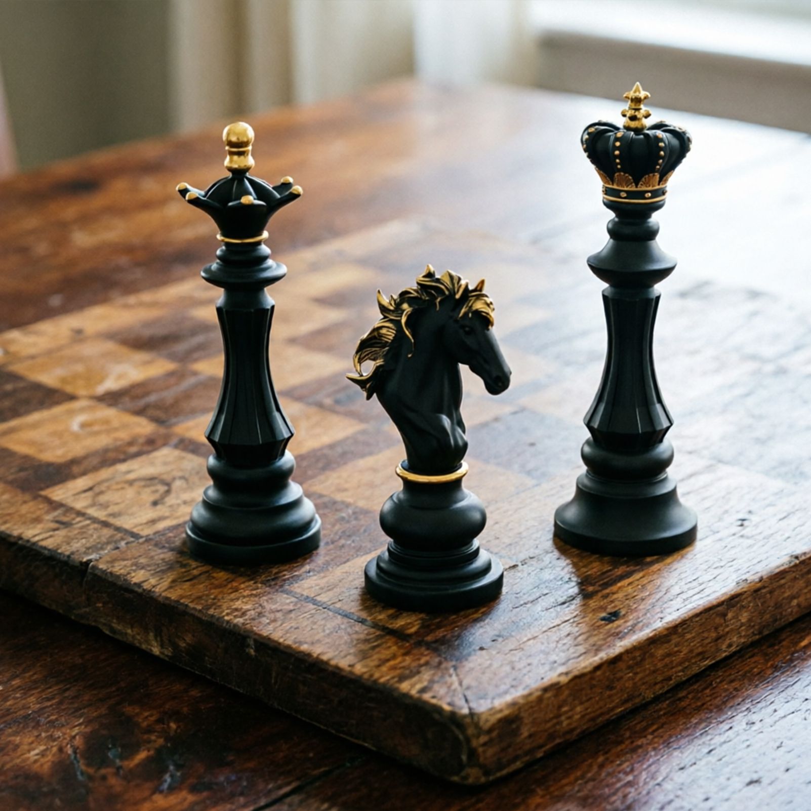 Luxury Resin Chess Piece Statues Set of 3 - King, Queen & Knight Horse Head Sculptures with Gold Trim - Classic Strategy Game Art Decor for Living Room, Study — image 4