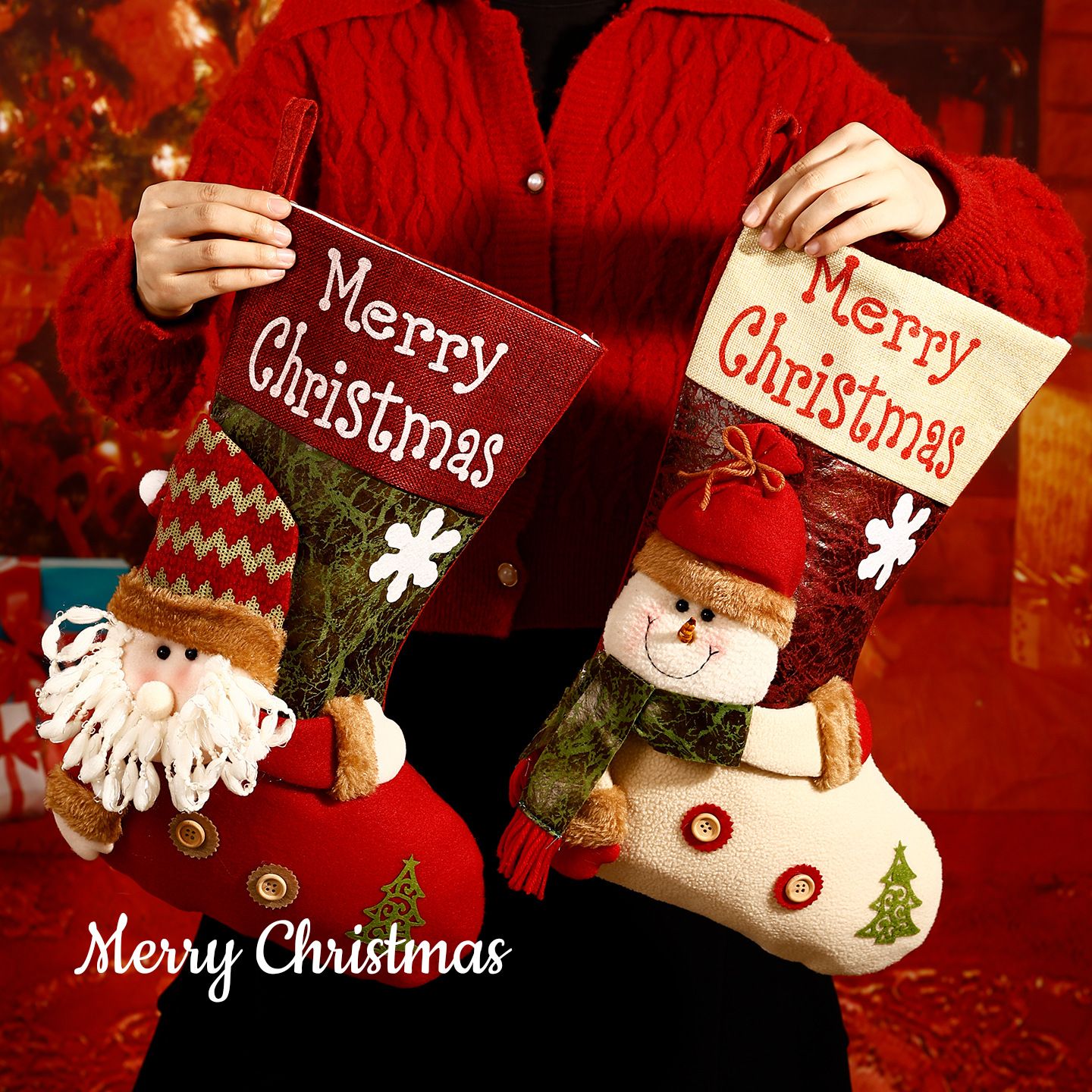 Fluffy plush fabric, 3D appliqués, full of festive charm. Height 45-47cm, holds candies and gifts, decorates Christmas trees and fireplaces, filling the room — image 4