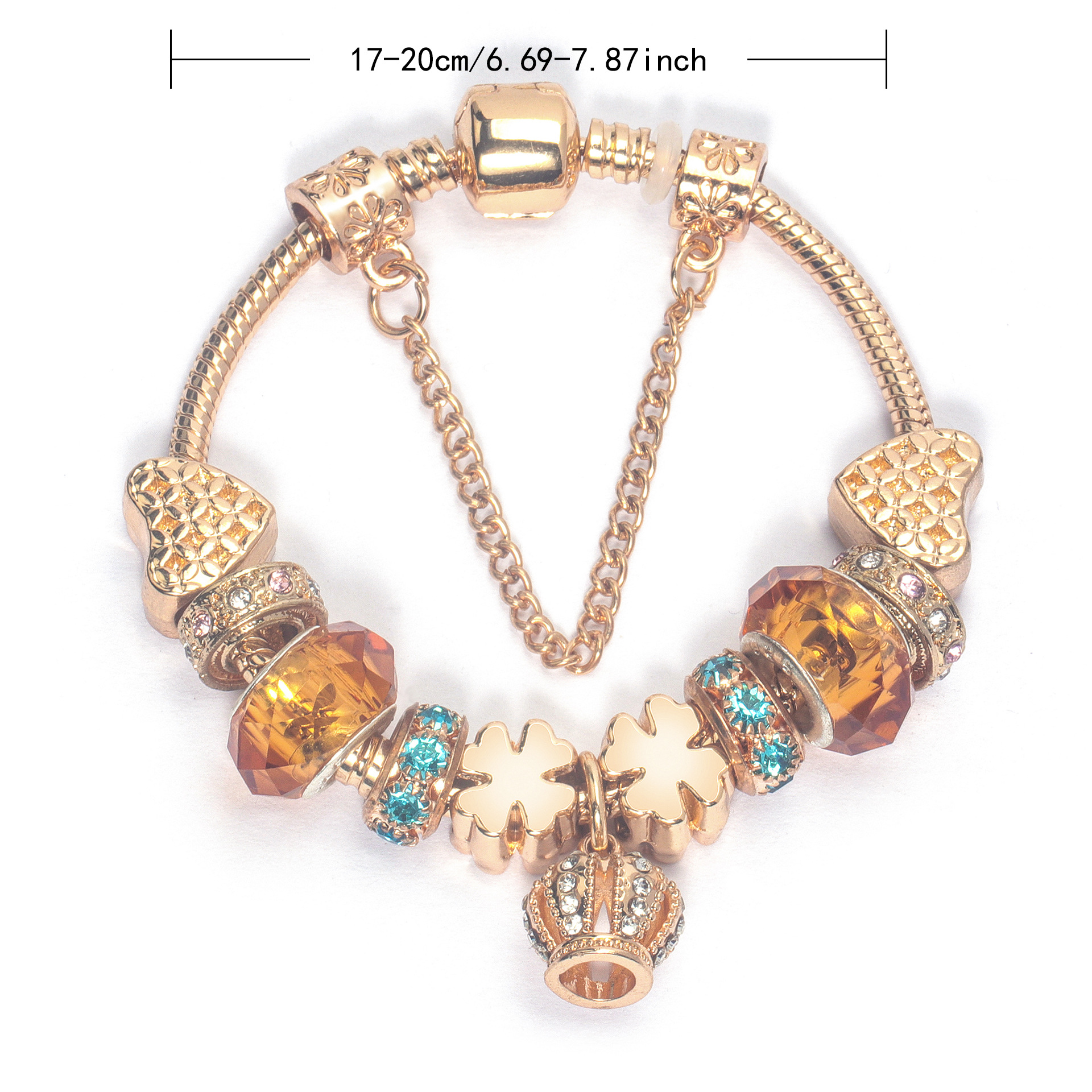 Rhinestone Gold Heart Glass Beaded Bracelet with Crown Pendant(17cm) — image 2