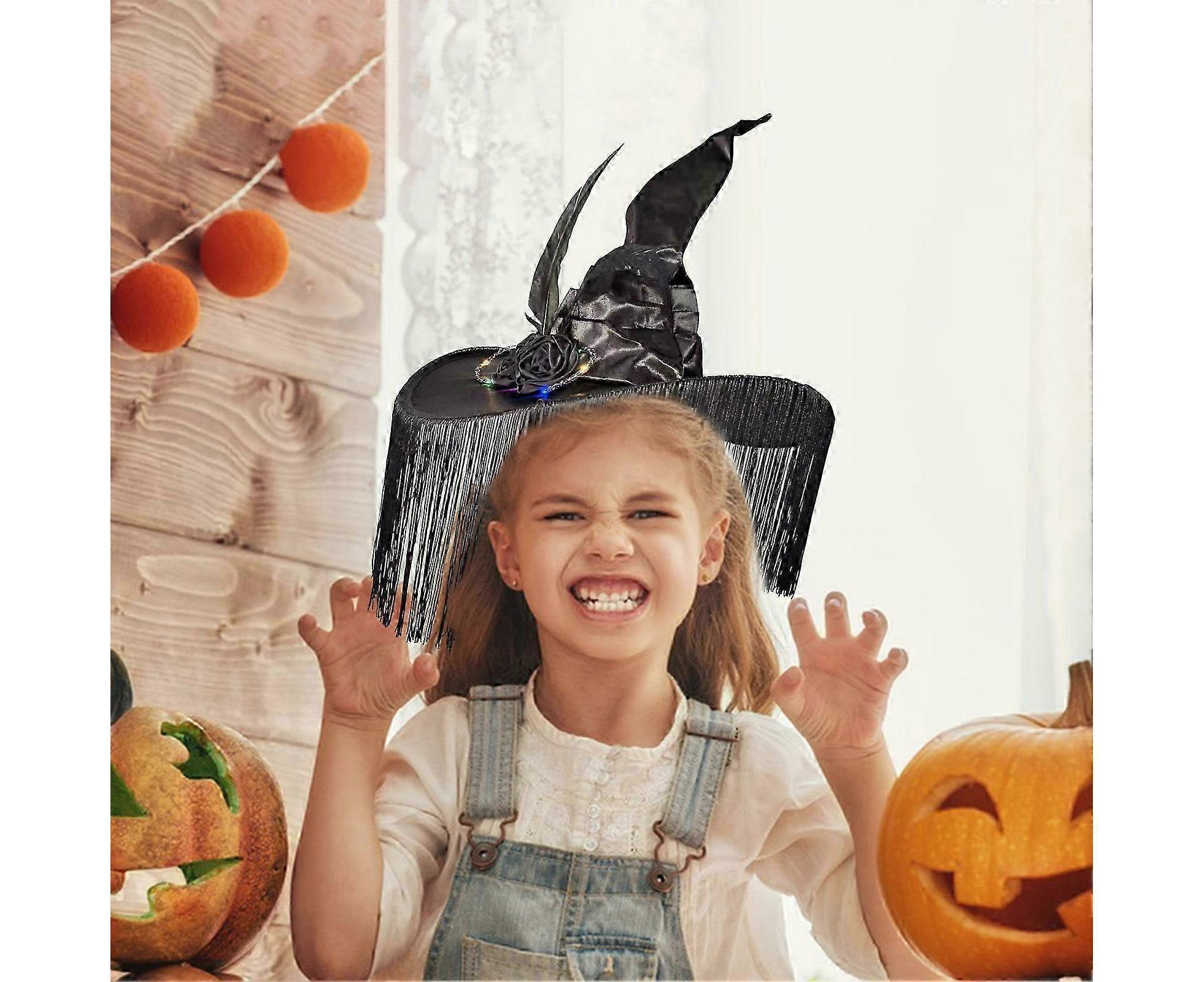 Halloween Witch Hat Wide Brim Tassel Wizard Hat With Artificial Rose Women Halloween Costume Accessory-Purple — image 5