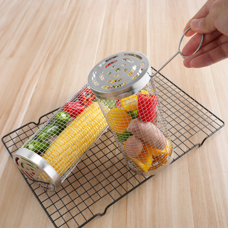 Silver 2-Piece Rolling Stainless Steel BBQ Grill Basket Set (Small & Large) - 304 Food-Grade Grilling Cages with Hooks — image 2