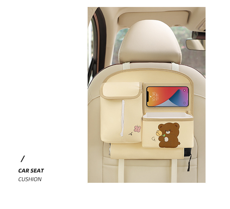 Brown Cute Cartoon Car Backseat Organizer with Multi-Pocket Storage and PP Trash Bin - 400g Lightweight PU Leather — image 6