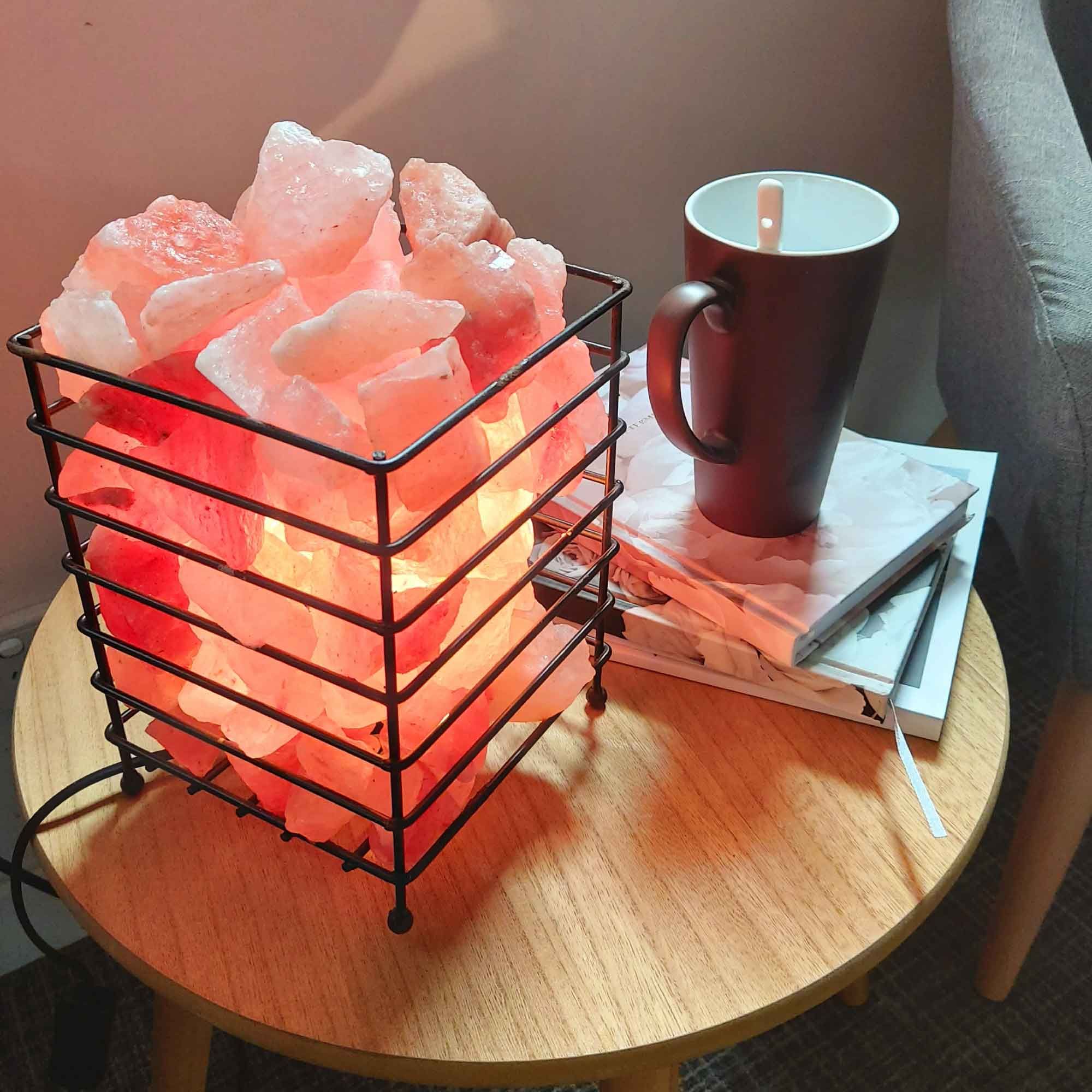 12V 12W Rectangle Iron Basket Himalayan Pink Salt Lamp Rock Crystal Bulb On/Off — image 5