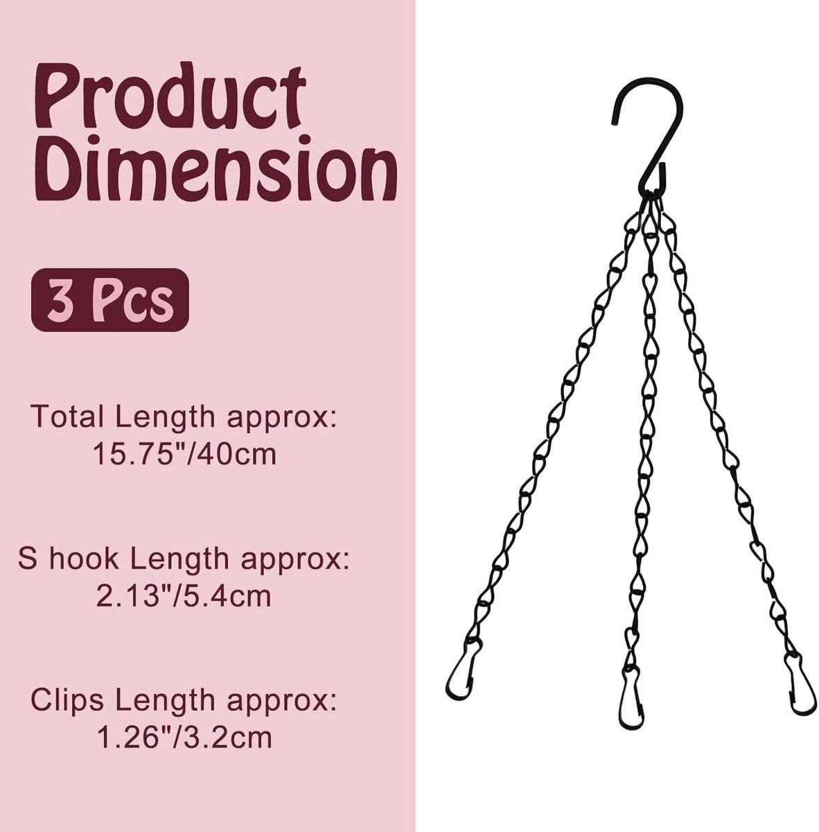 pieces - 16 inch - Plant hanger - Flowerpot hook - Lantern hook - Garden hook - Plant hook - hanging basket chains - with 3 chains - black chain with hooks โ image 5