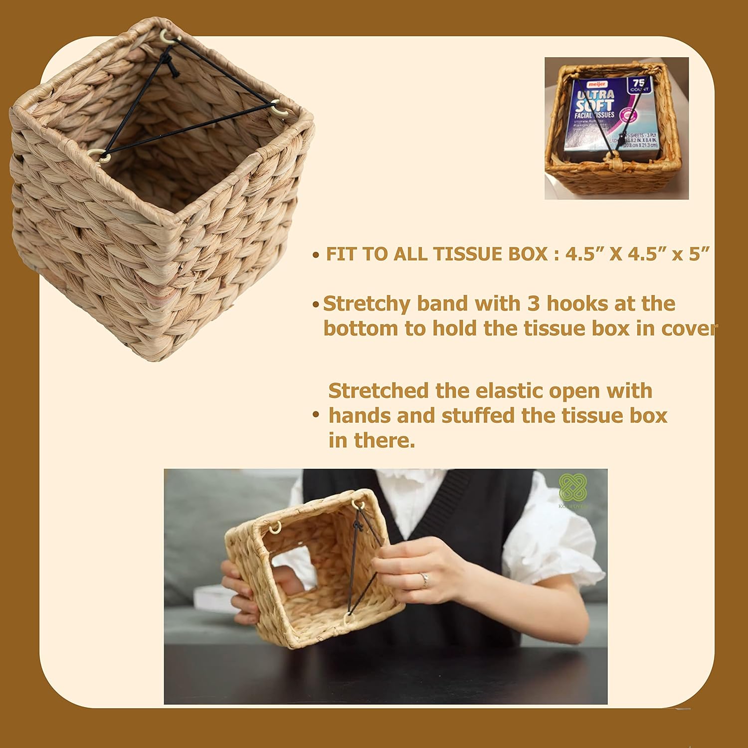 Tissue Box Holder - Square- Rattan Wicker Tissues Cube Box Cover -Boho Decorative Woven Facial Tissue Holder on Table and Barthroom (Square) — image 3