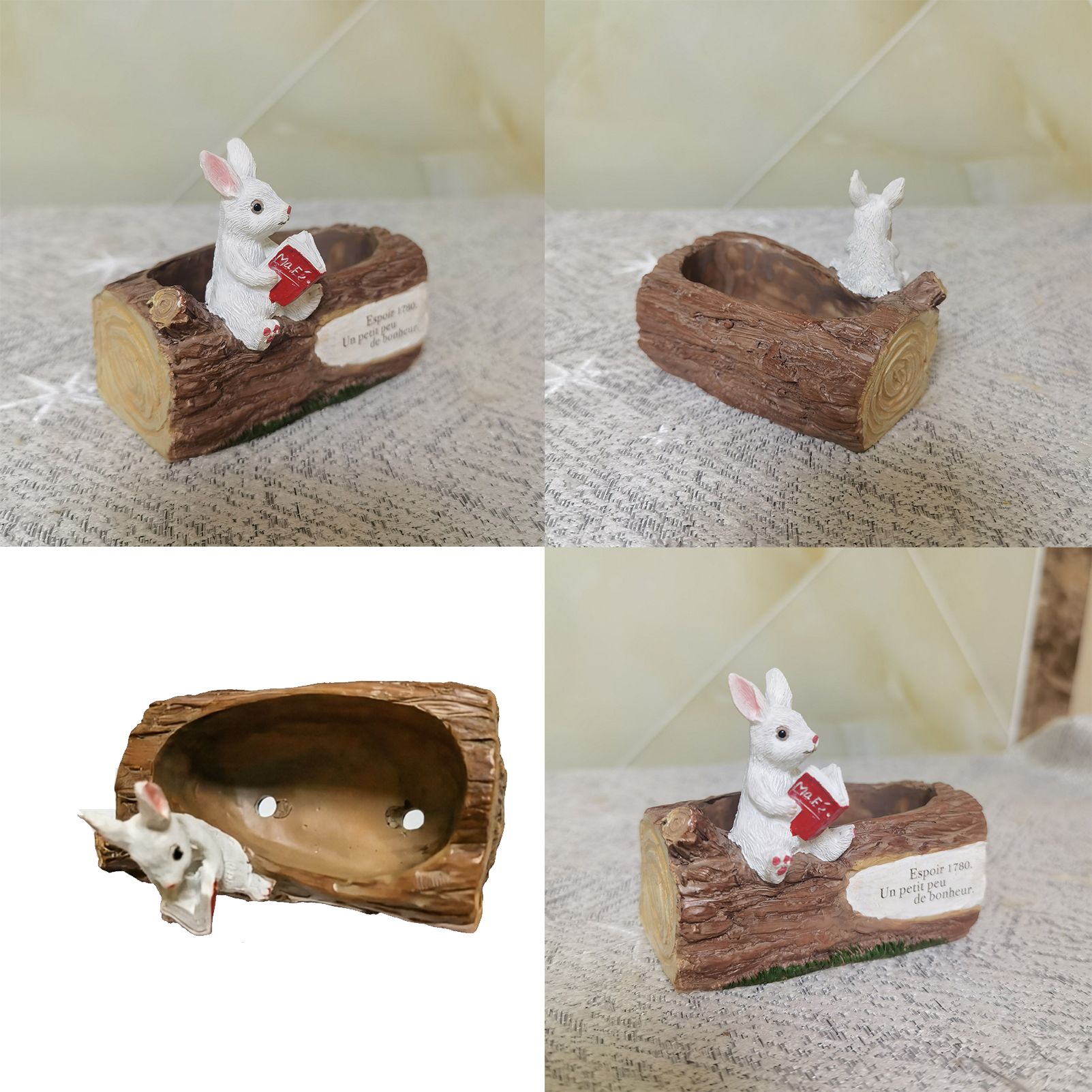 Whimsical Resin Bunny Planter - Cute Rabbit with Book on Tree Stump Design, Mini Succulent Pot for Indoor & Outdoor Garden Decor — image 6