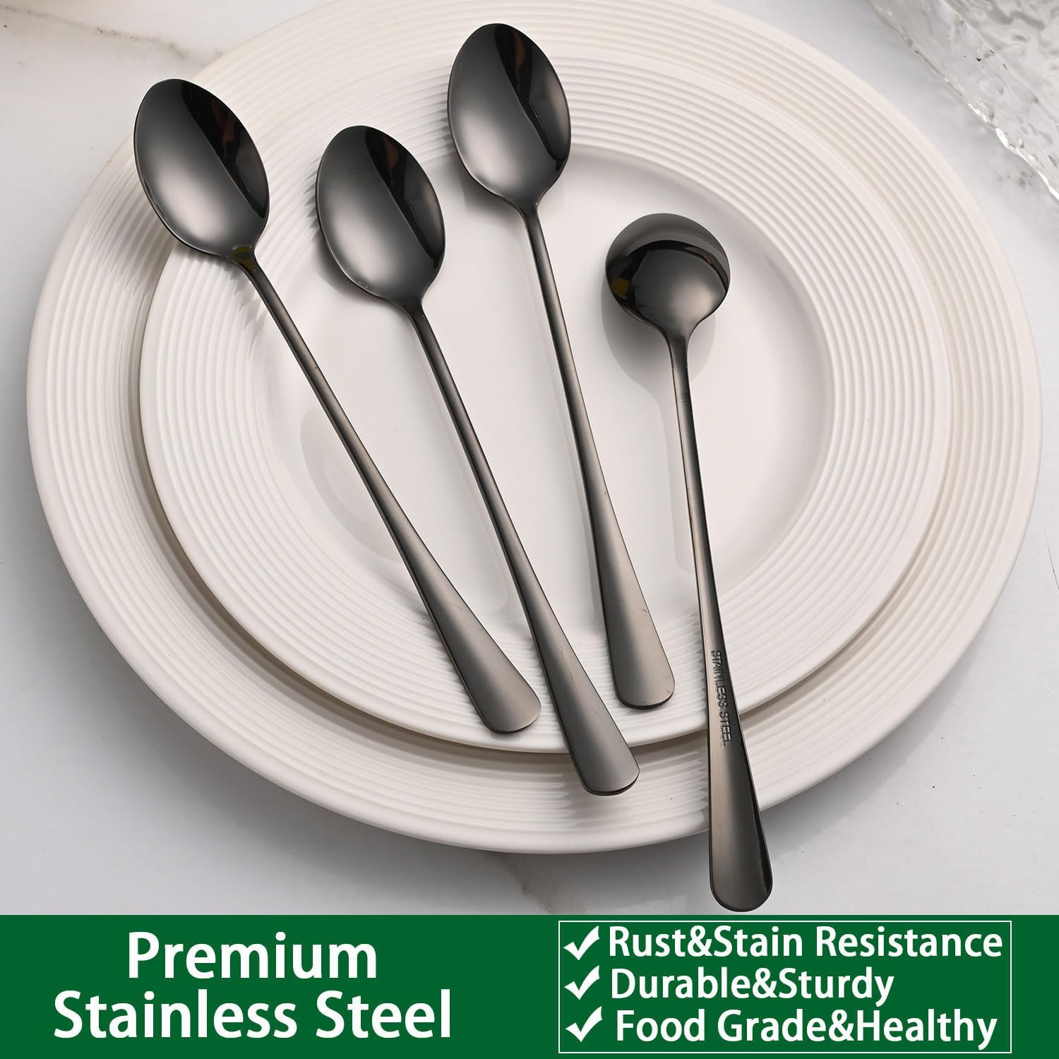 7.5 Inches Black Coffee Stirring Spoons Set,Set Of 8 Stanless Steel Iced Teaspoons,Long Handle Mixing Spoons For Cocktail And Sundae,Long Ice Cream Spoons — image 5