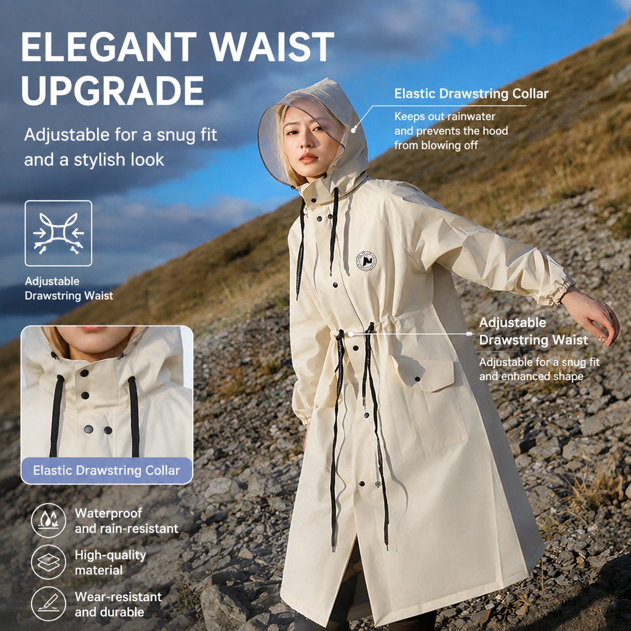 White Full-Cover Hooded EVA Raincoat, Long Trench Coat Waterproof Rain Poncho with Adjustable Waist & Collar Drawstring, Zipper & Snap Windproof Closure — image 5