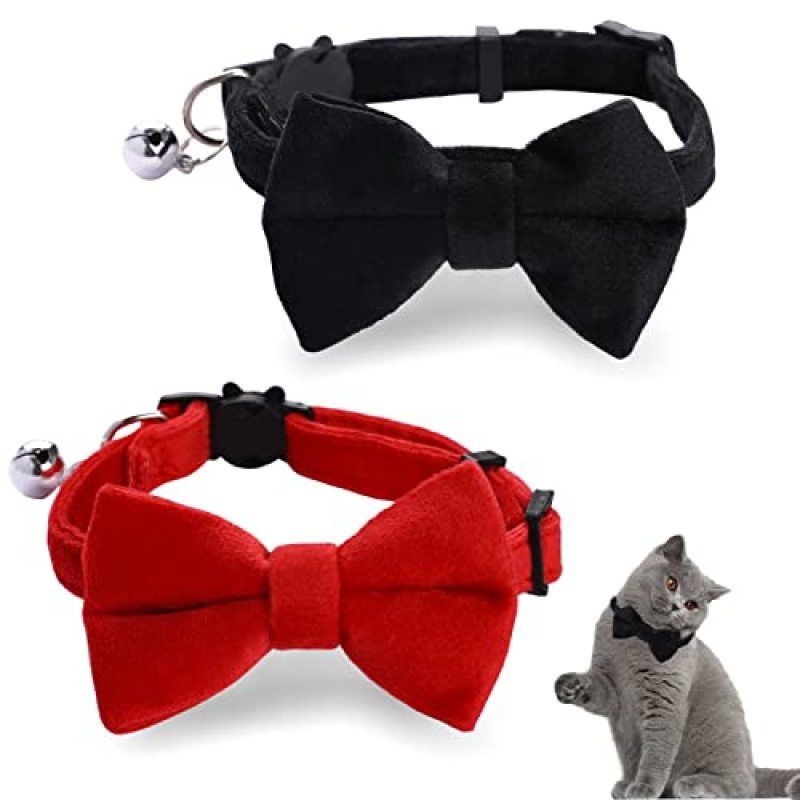 2 Pcs Velvet Cat Collar with Bell and Bowtie, Adjustable Breakaway Cat Collars Kitten Small Puppy Safety Bow Tie Solid Wedding