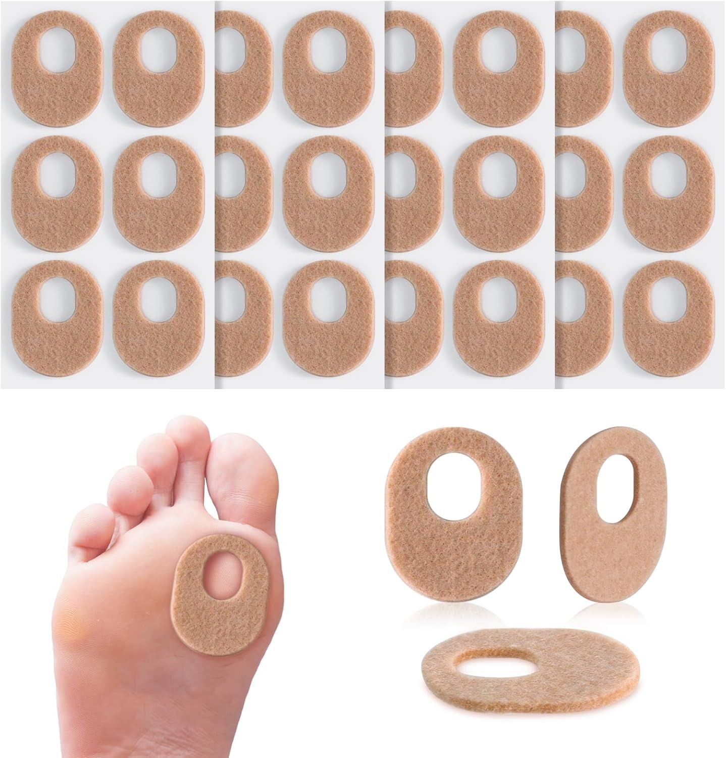 24Pcs Callus Pads,Soft Felt Callus Oval Shape Cushion Pads for Toes and Feet, Reduce Pain, Pressure and Friction from Shoes