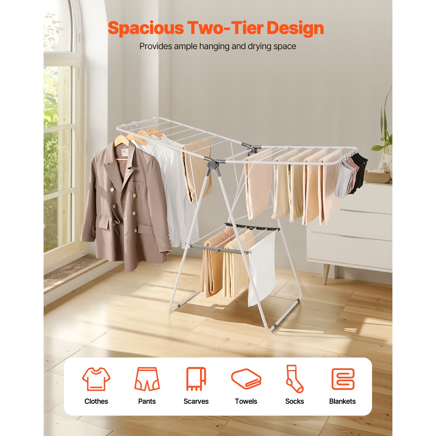 2-Tier Foldable Clothes Drying Rack with Sock Clips & 21 Drying Rods White — image 2