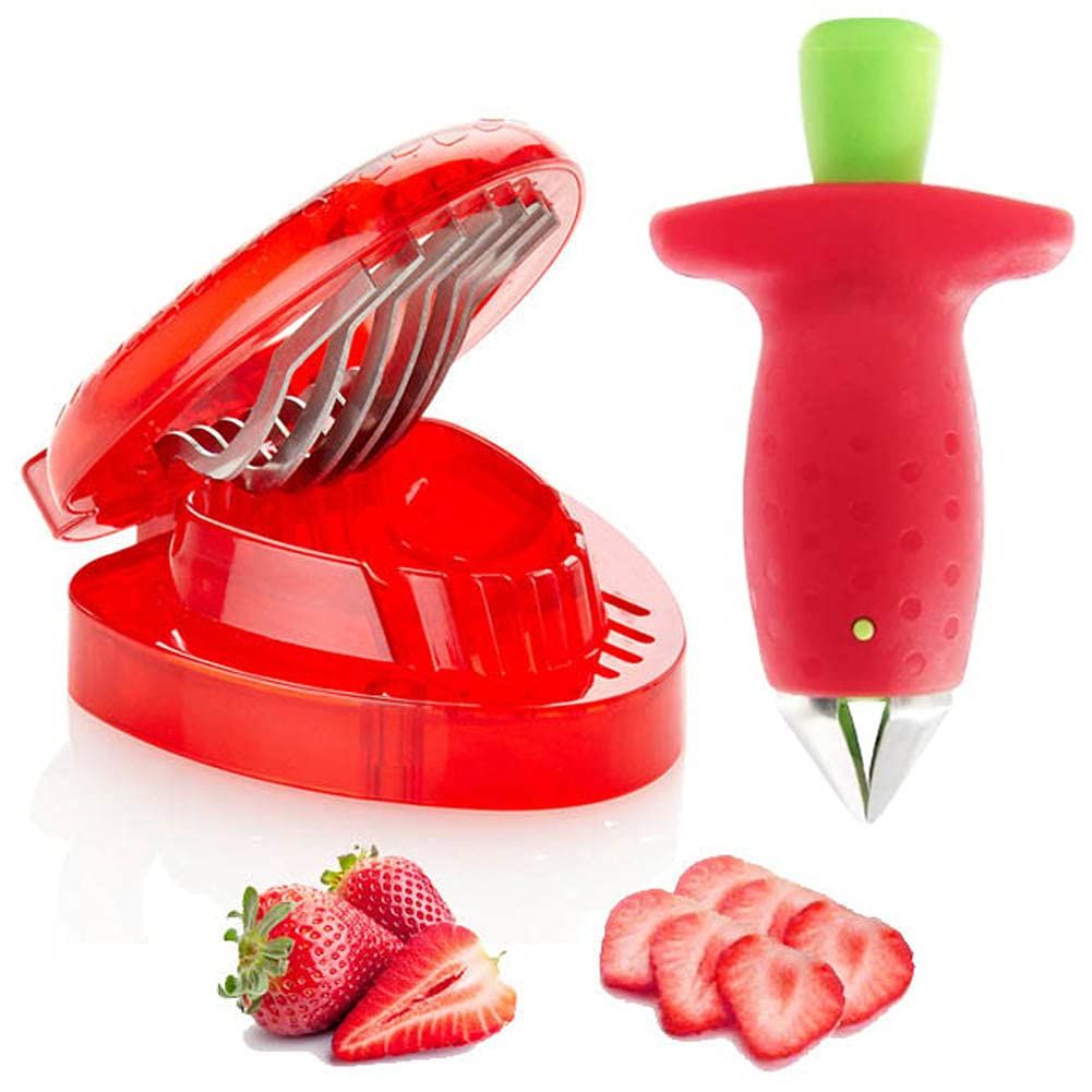 (2PCS)Strawberry Huller Fruit Slicer Set, Berry Stem Leaves Huller Gem Remover Removal Fruit Peeling Tool Kitchen Gadgets Corer