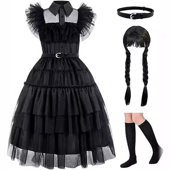Girls' dress cosplay Wednesday Brigitte princess dress lace details puff sleeves children Wednesday 4pcs 160