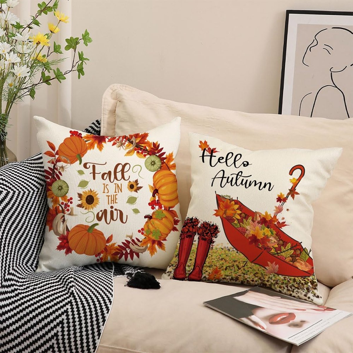 Halloween Theme - Fall Pillowcases - Linen - Bedroom Decor Pillowcases - Living Room Decor Pillowcases - Sofa Decor Pillowcases - 45 x 45 cm - Four-Piece Set — image 4