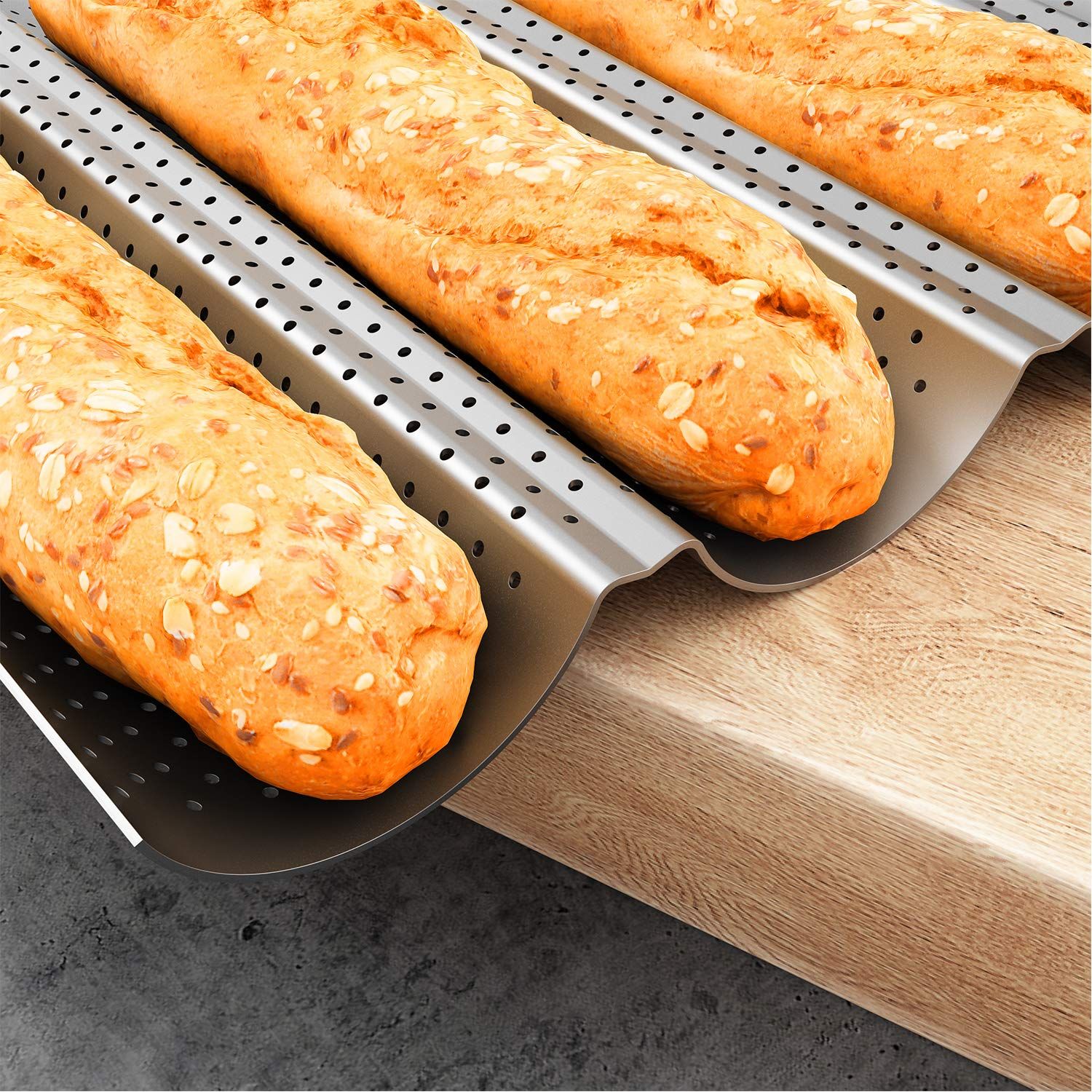 2 Pack Nonstick Perforated Baguette Pan 15" x 13" for French Bread Baking 4 Wave Loaves Loaf Bake Mold Oven Toaster Pan (Silver) — image 5