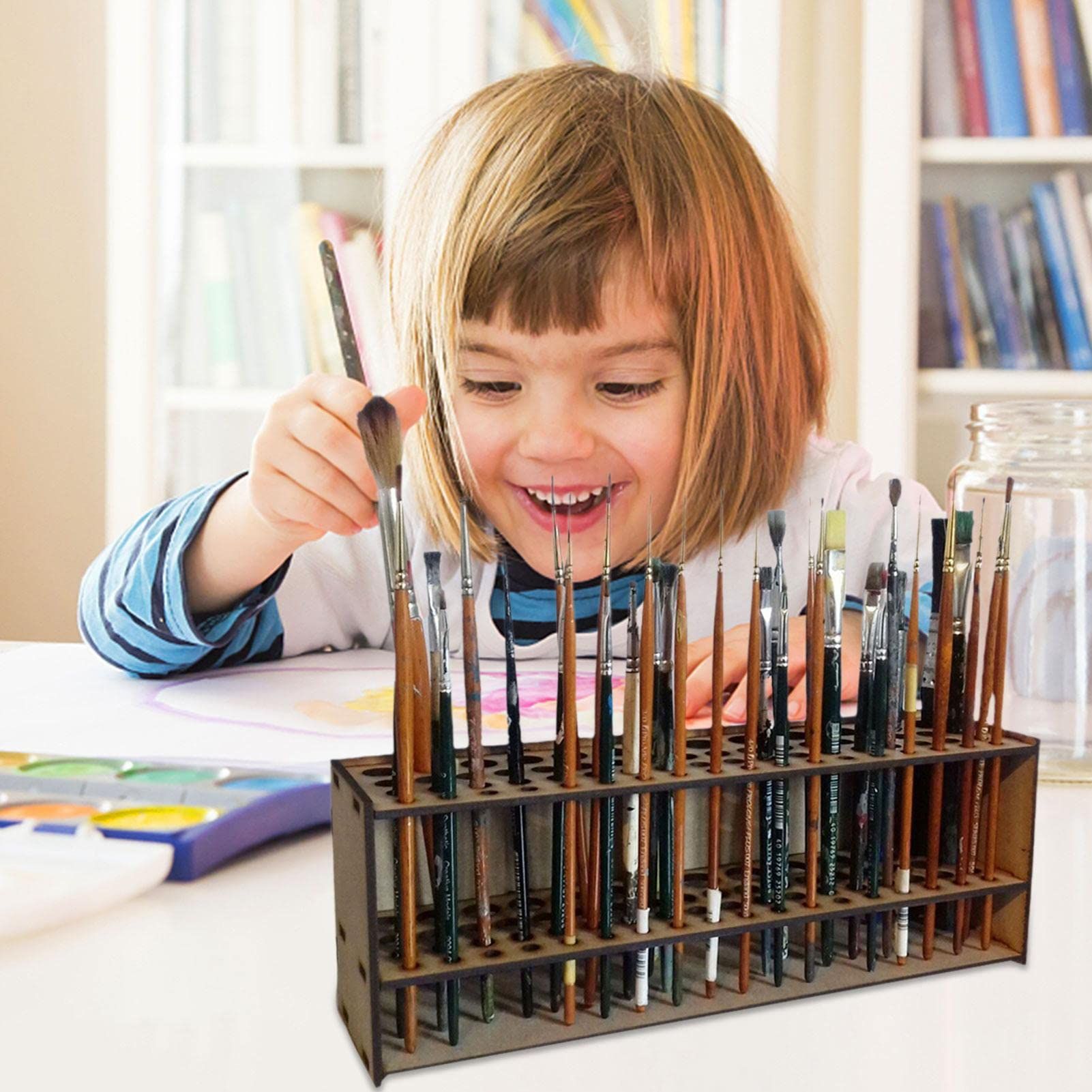 Wooden Paint Brush Holder Stand Paintbrush Organizer Rack Multi Hole Paintbrush Holder 67 Hole Artist Wood Paint Brush Storage — image 2