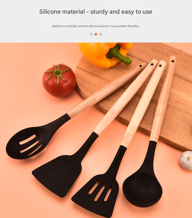 12-Piece Black Heat-Resistant Silicone Cooking Utensils with Wooden Handles and Box - Non-Stick Scratch-Free Kitchen Tool Kit — image 3