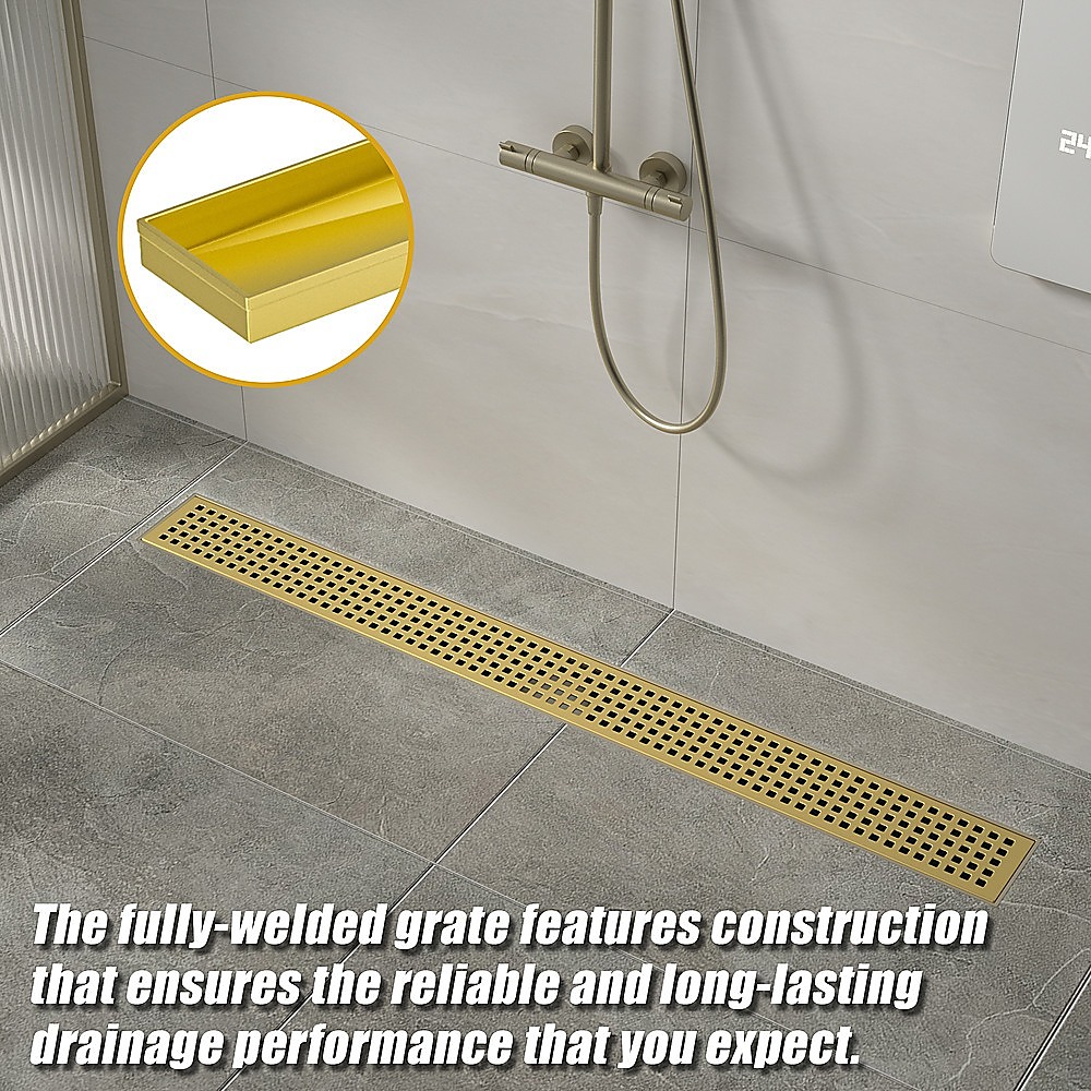 1200mm Bathroom Shower Brushed Brass Grate Drain w/ Centre outlet Floor Waste Square Pattern — image 5