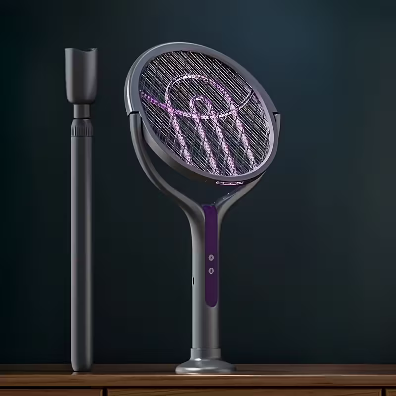 2-in-1 foldable and extendable electric mosquito swatter and purple insect lamp rechargeable fly swatter - USB-powered extendable pole, suitable for indoor โ image 2