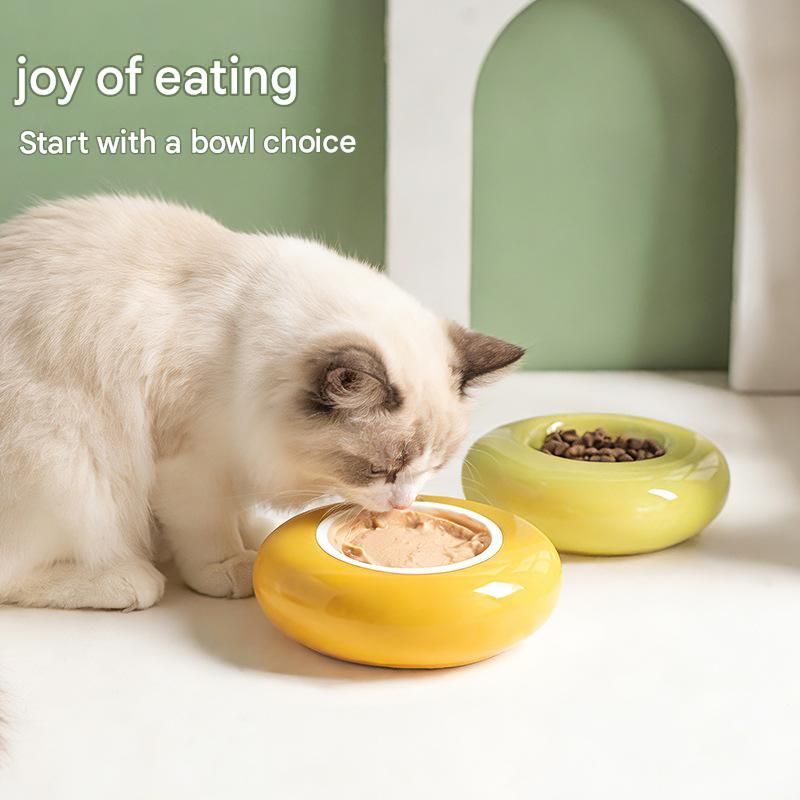 Yellow Ceramic Pet Donut Bowl - 50ml Food Dish for Cats and Small Dogs - Non Slip Base, Easy Clean Glaze, Compact Snack Feeder, Pastel Colours, Home — image 3