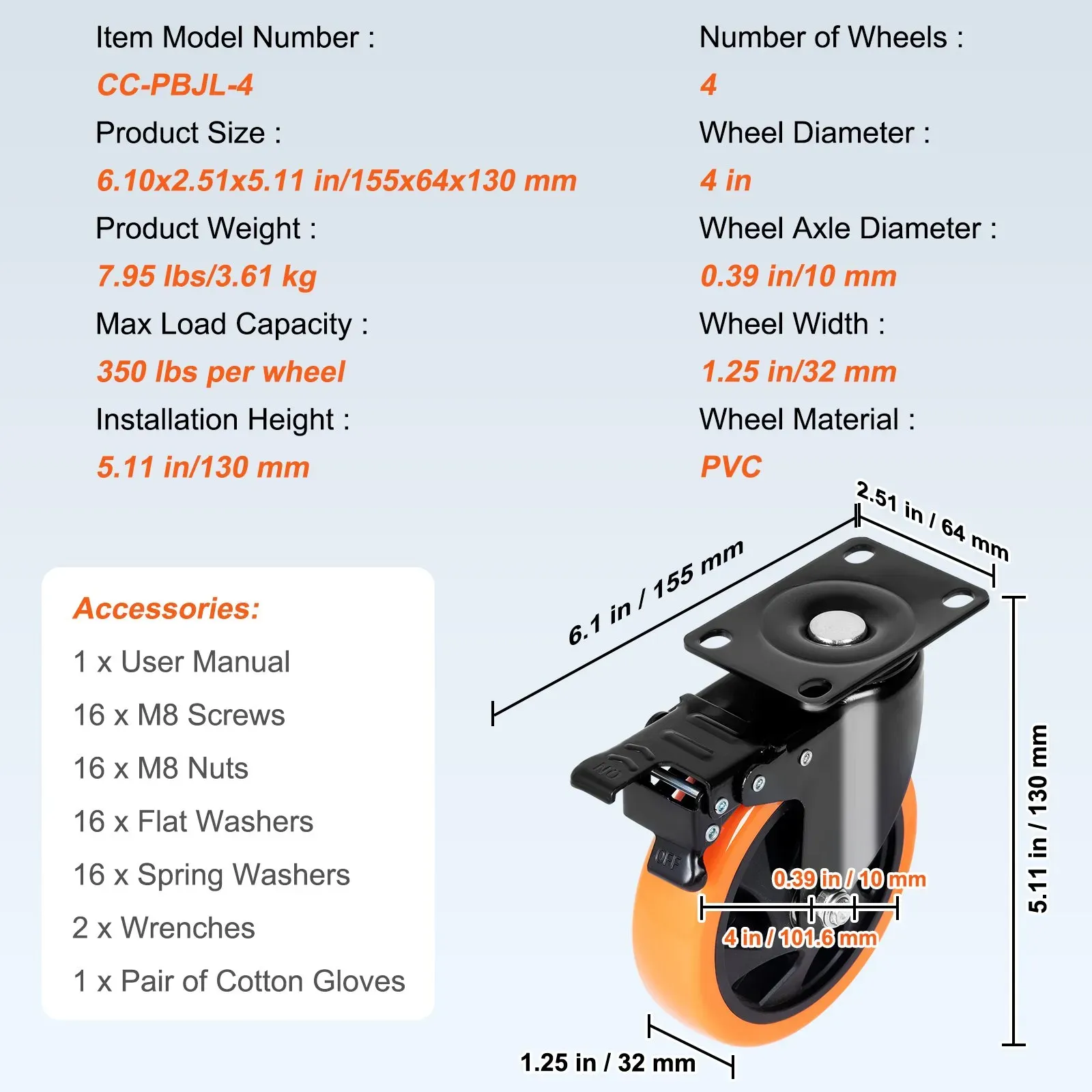 Caster Wheels, 101.6 mm Swivel Plate Casters, Set of 4, Heavy Duty 159 kg Load Capacity Per Caster โ image 4