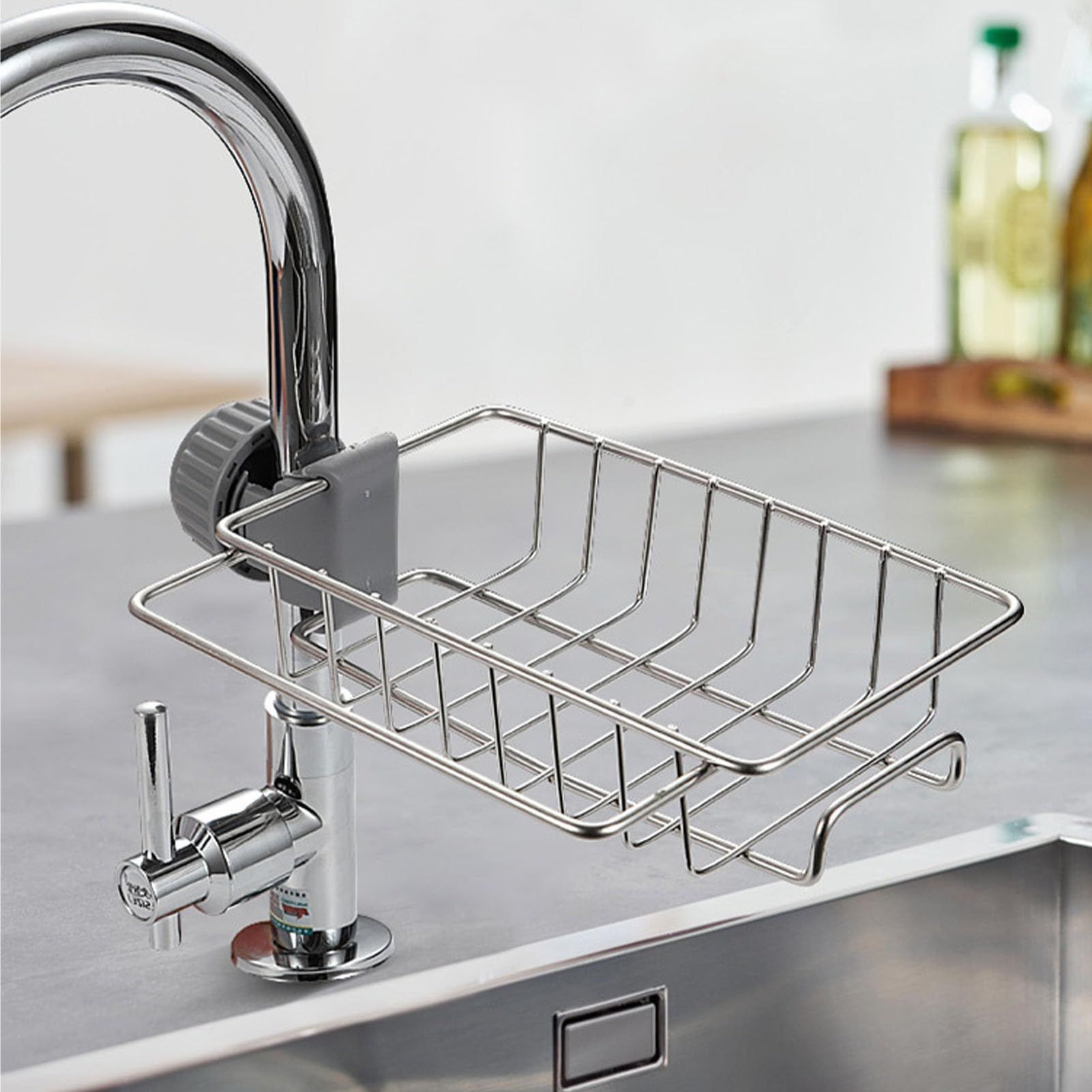 Sponge Holder Over Faucet Kitchen Sink, Stainless Steel Detachable Hanging Faucet Drain Rack for Bathroom, Scrubbers, Soap, Chrome โ image 2