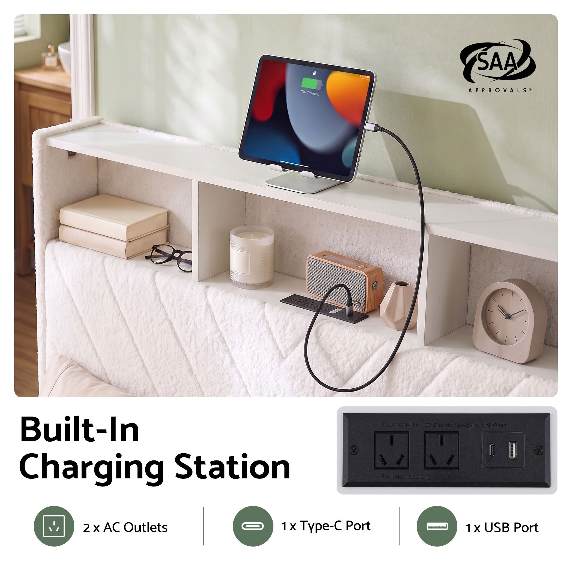 Artiss King Bed Frame with Storage, Charging Station & LED, White — image 5