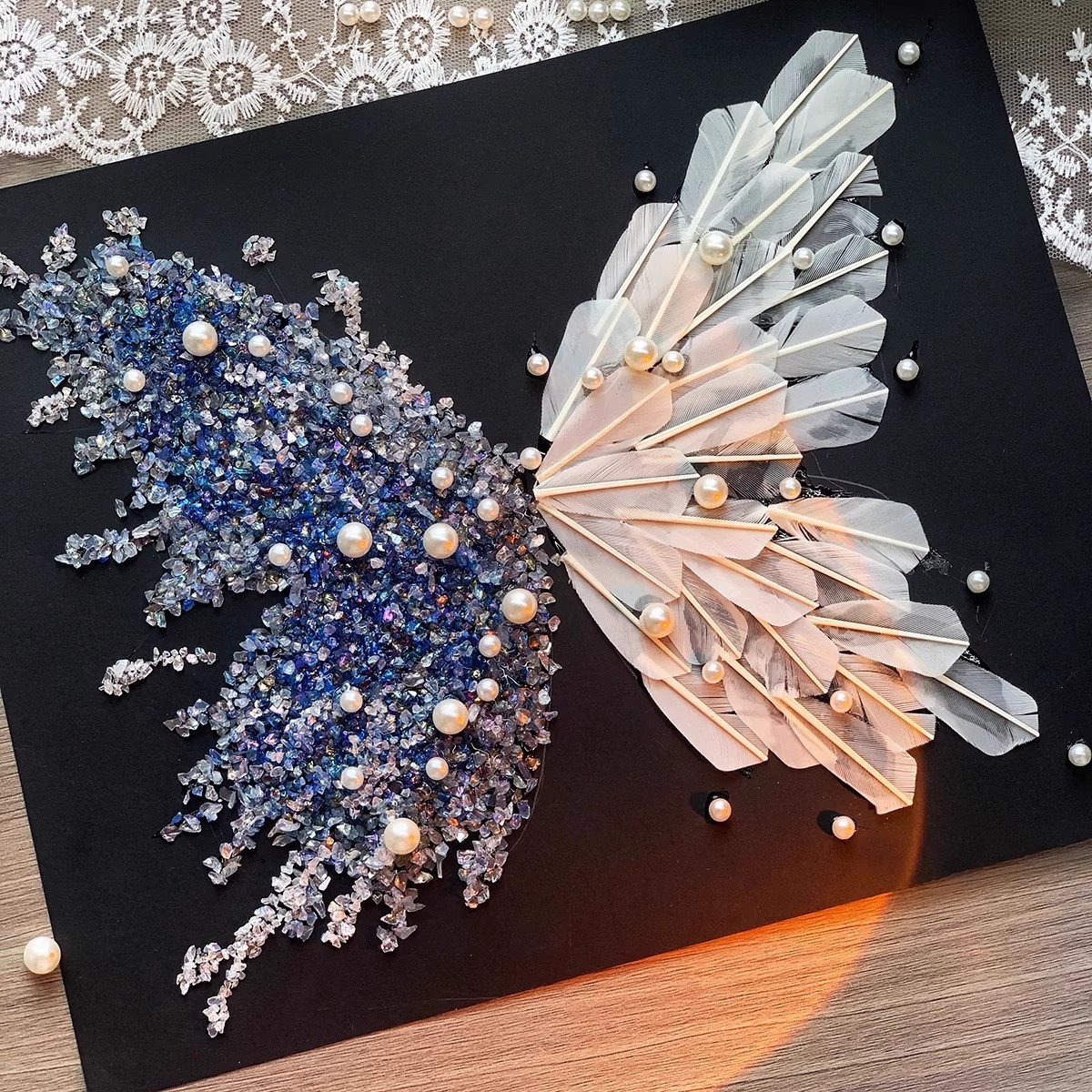 Crystal Feather Butterfly DIY Craft Kit – Handmade Art Material Set with Natural Feathers, Beads and Frame for Home Decoration or Gift Making — image 2