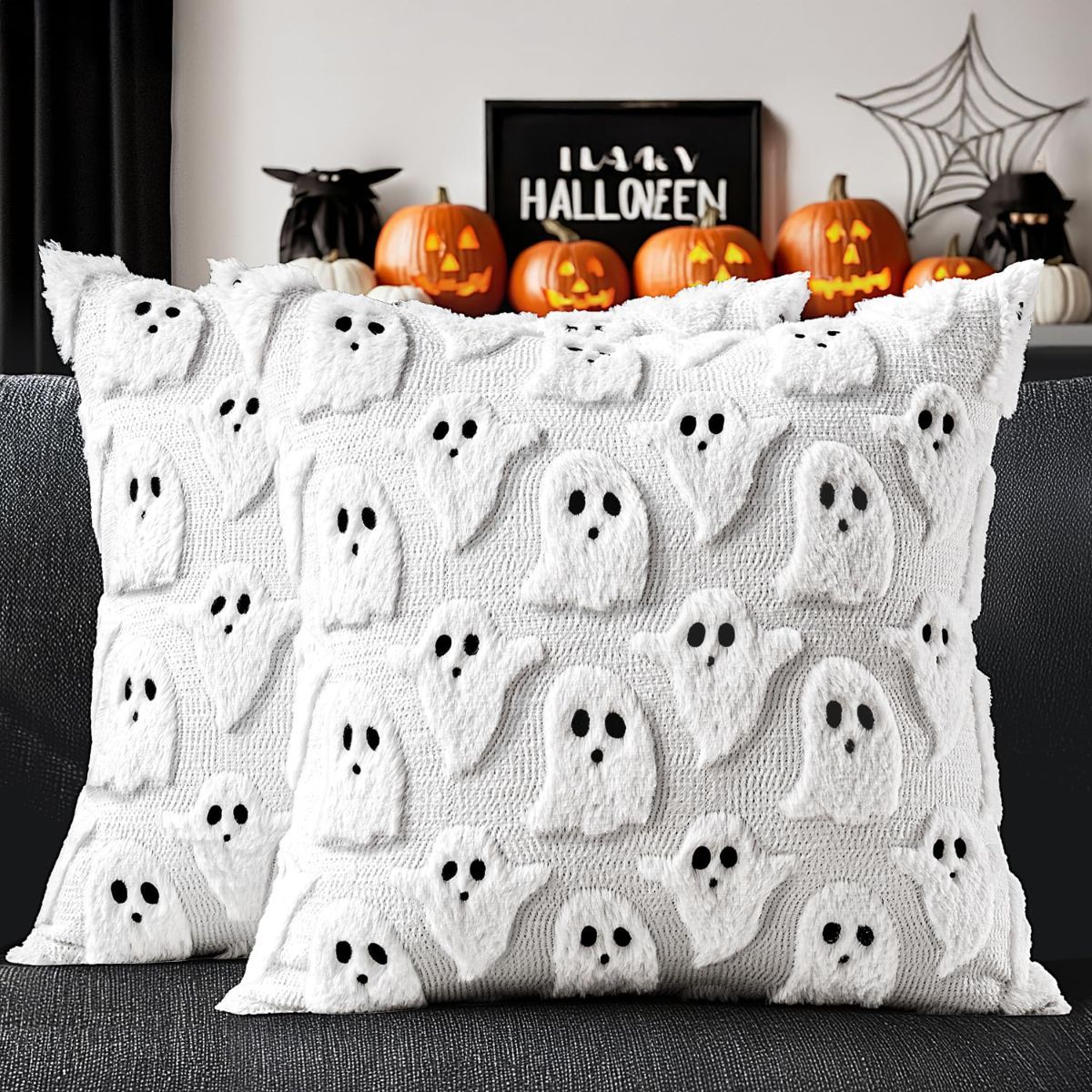 Halloween Pillow Covers Cute Decor Set of 2 18x18 | Soft Plush Faux Fur, Spooky Decor, Fall Decorative Throw Pillows for Couch Sofa Bed Porch Living Room โ image 3